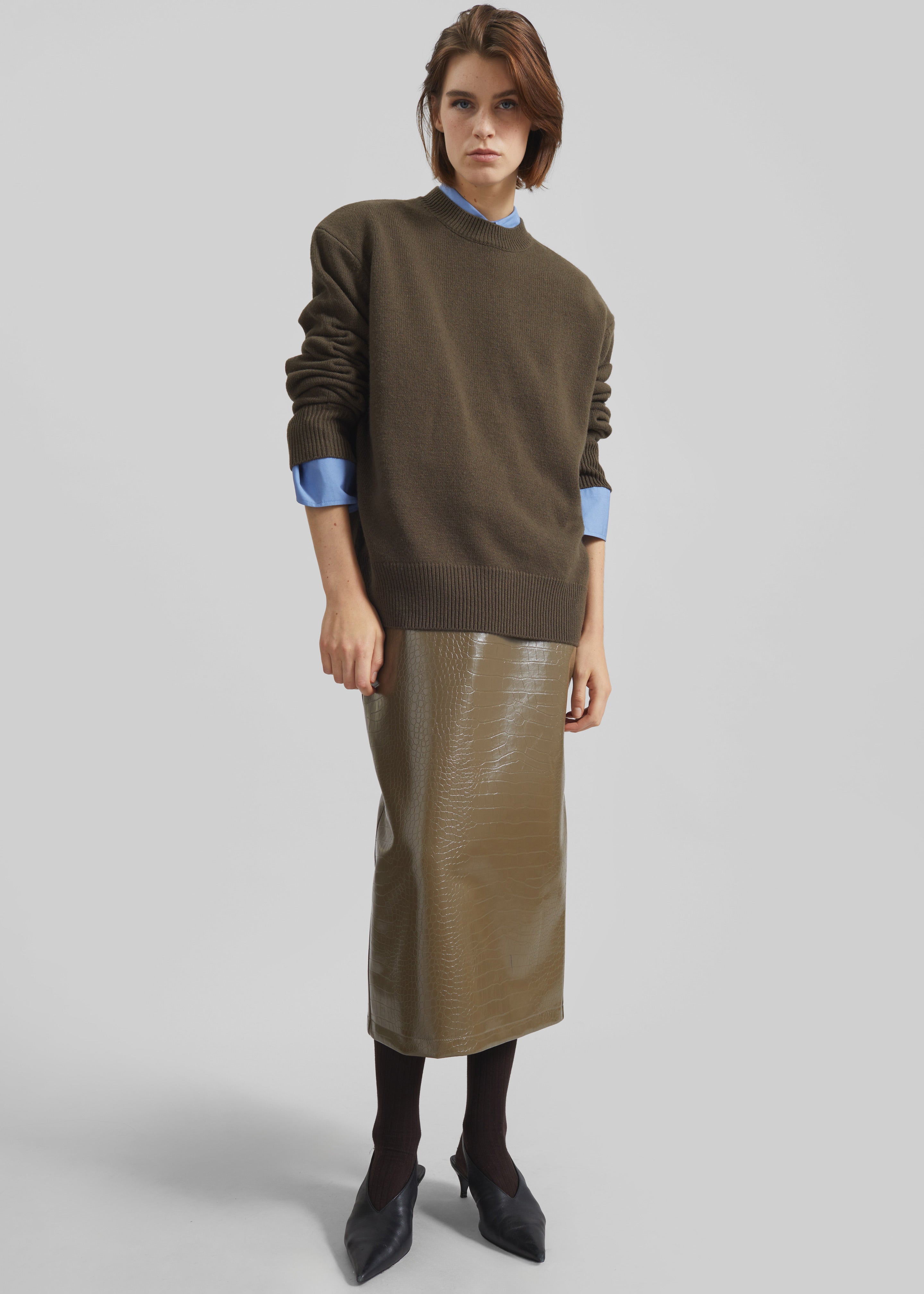 Charleroi Faux Leather Croc Midi Skirt - Olive Brown - 4
