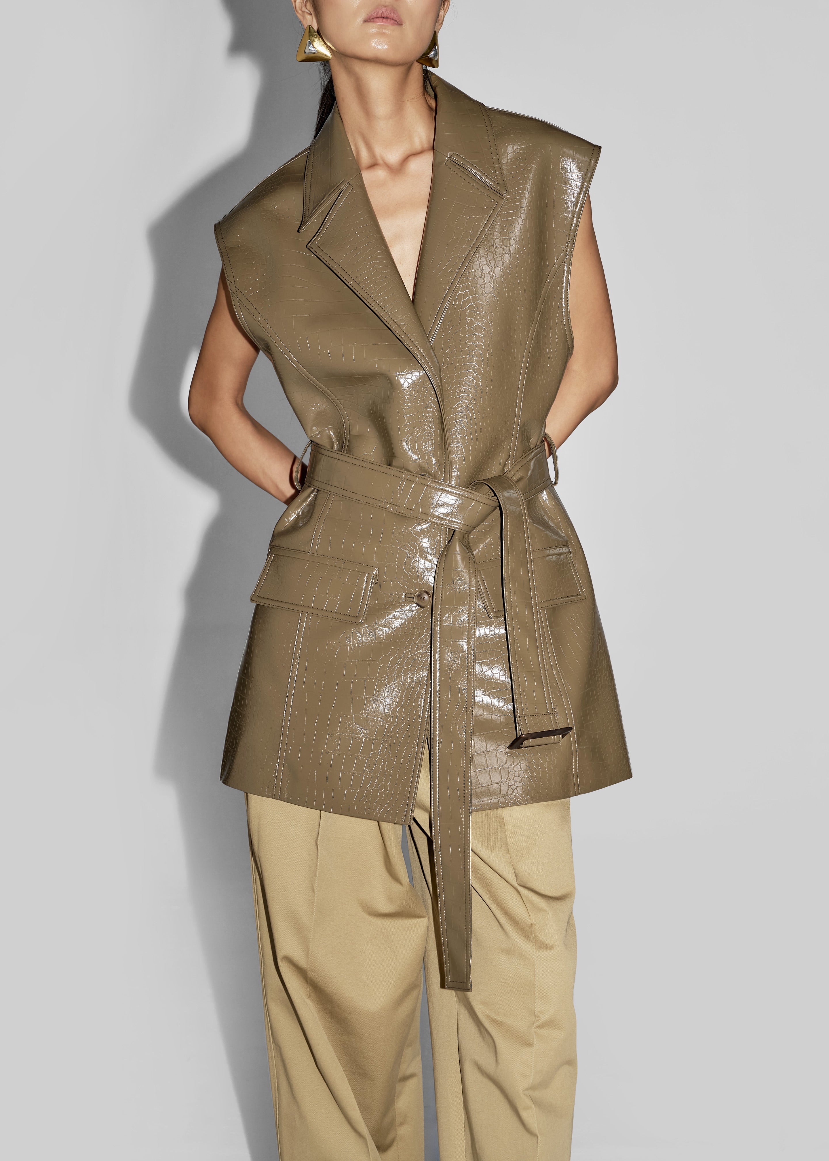 Charleroi Faux Leather Croc Vest - Olive Brown - 7