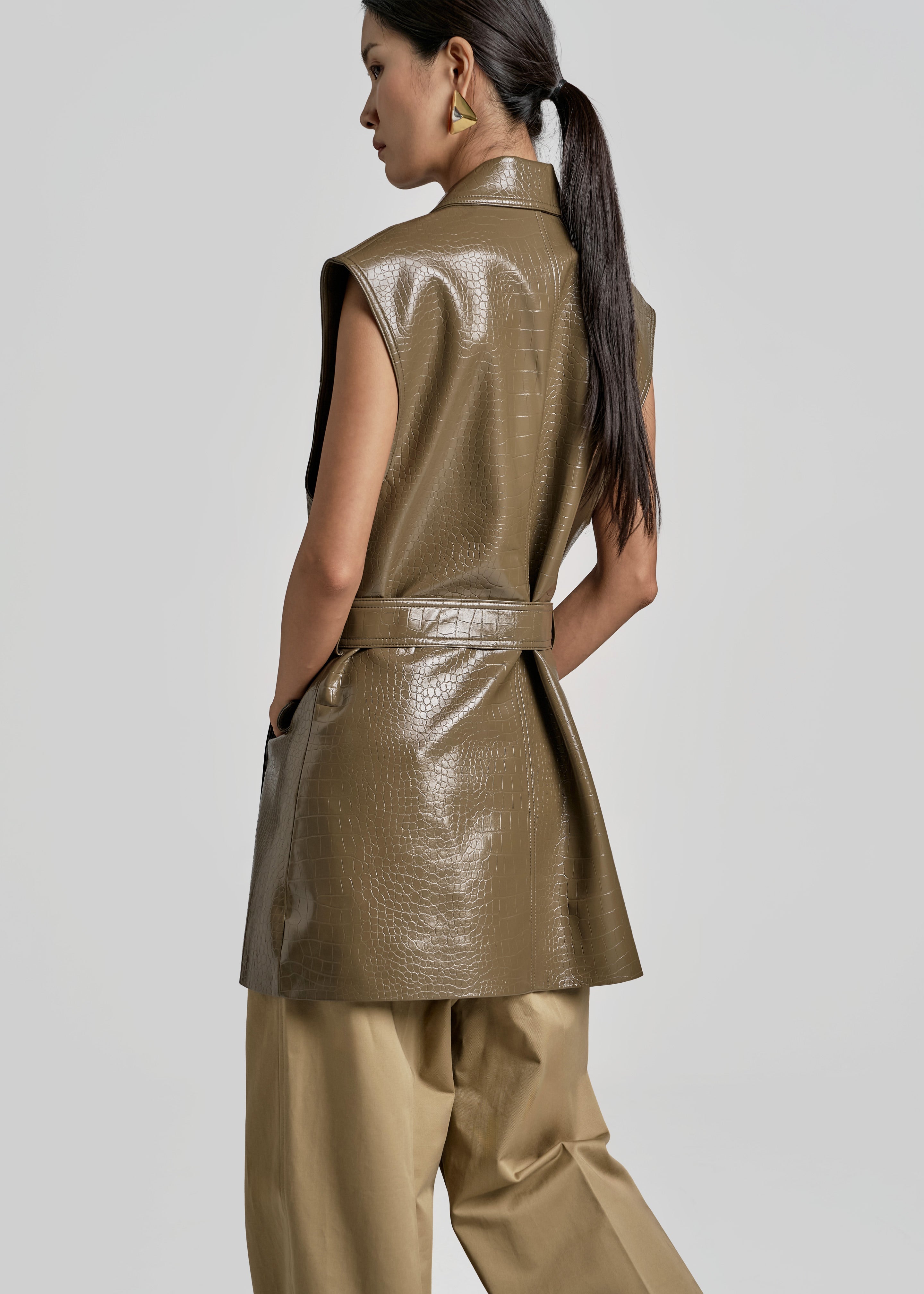 Charleroi Faux Leather Croc Vest - Olive Brown - 8