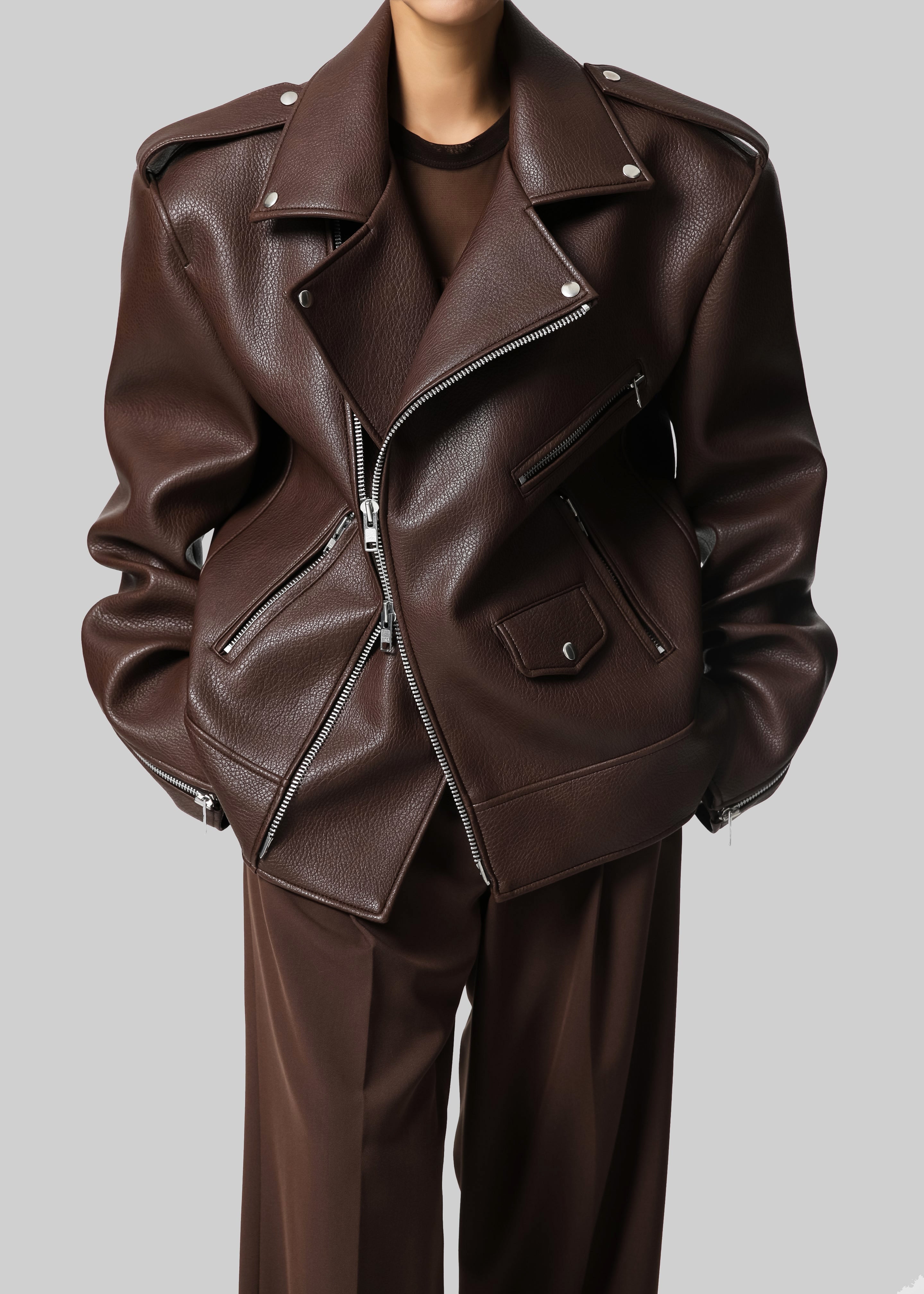 Chicago Oversized Biker Jacket - Brown - 6