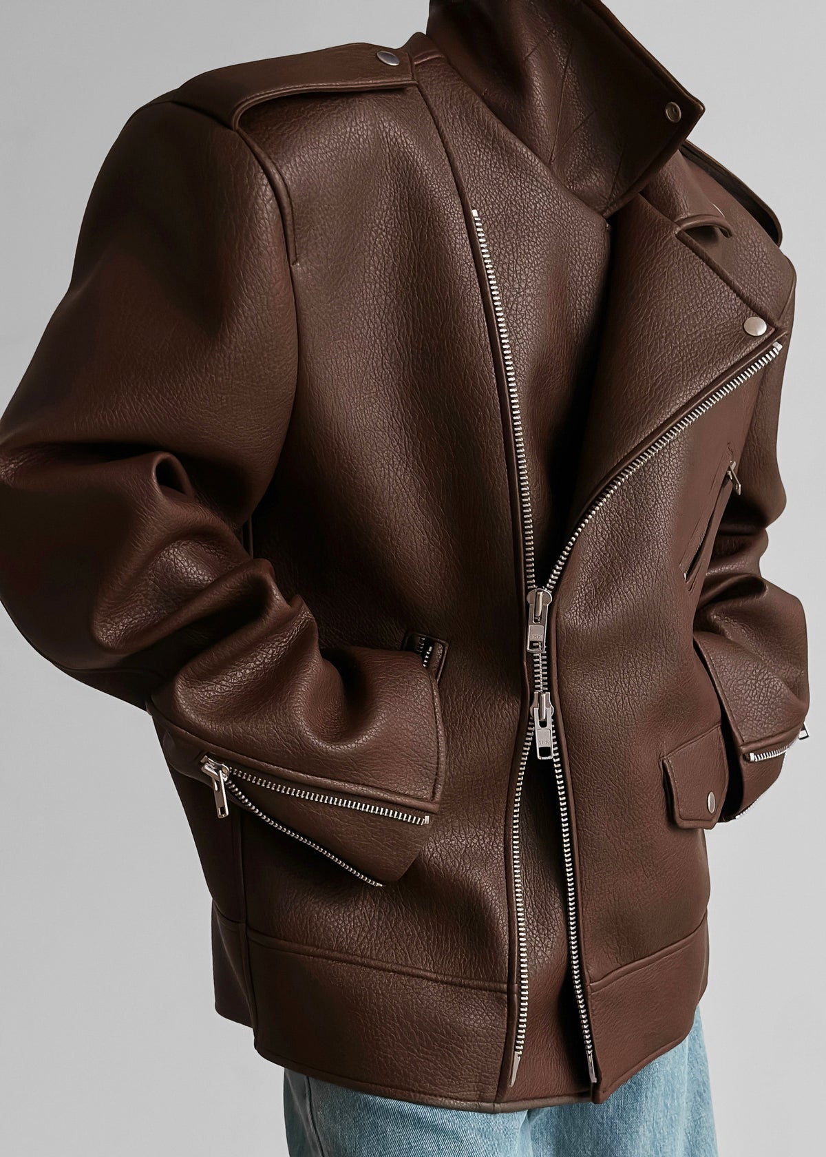 Chicago Oversized Biker Jacket - Brown - 4