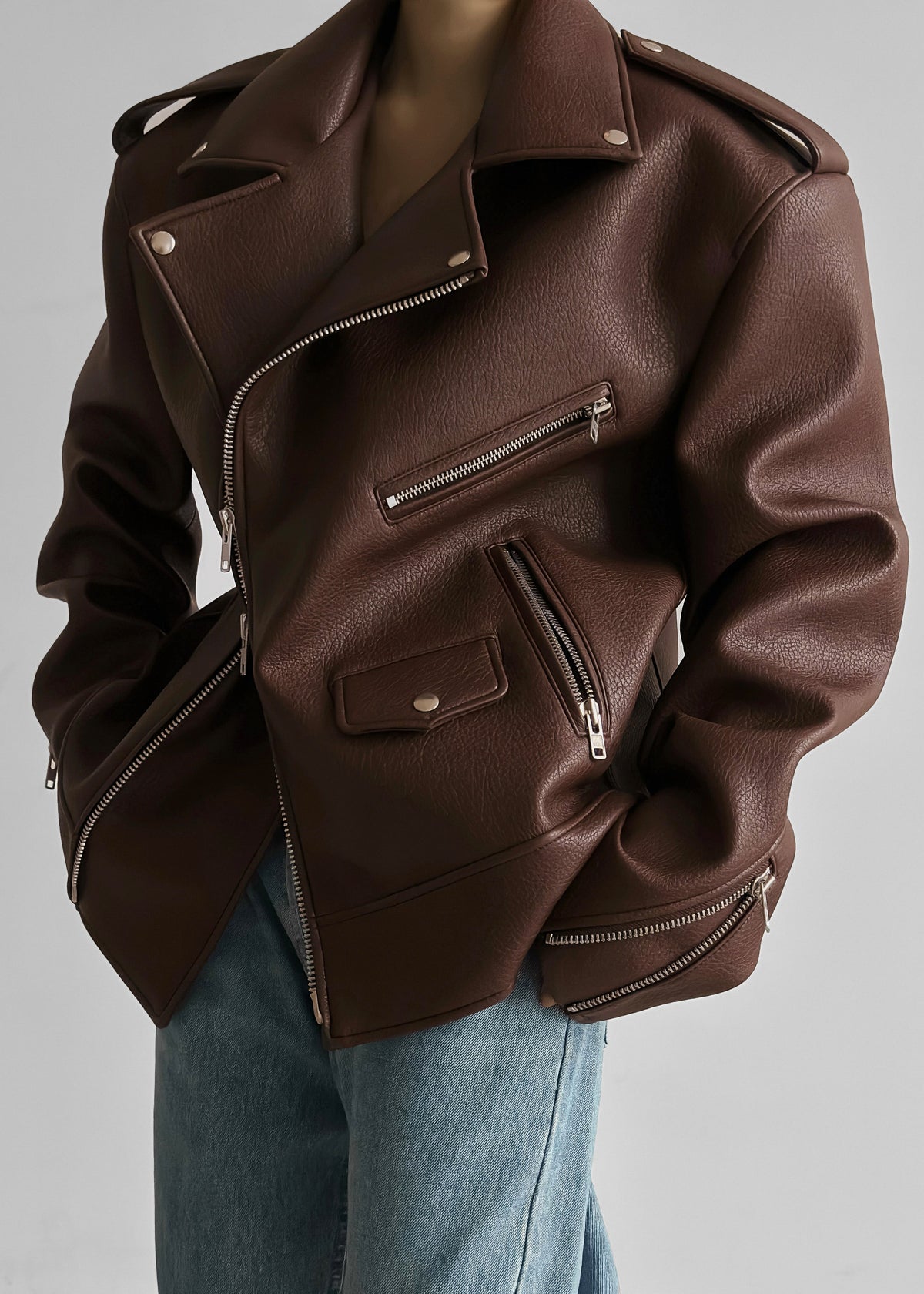Chicago Oversized Biker Jacket - Brown - 2
