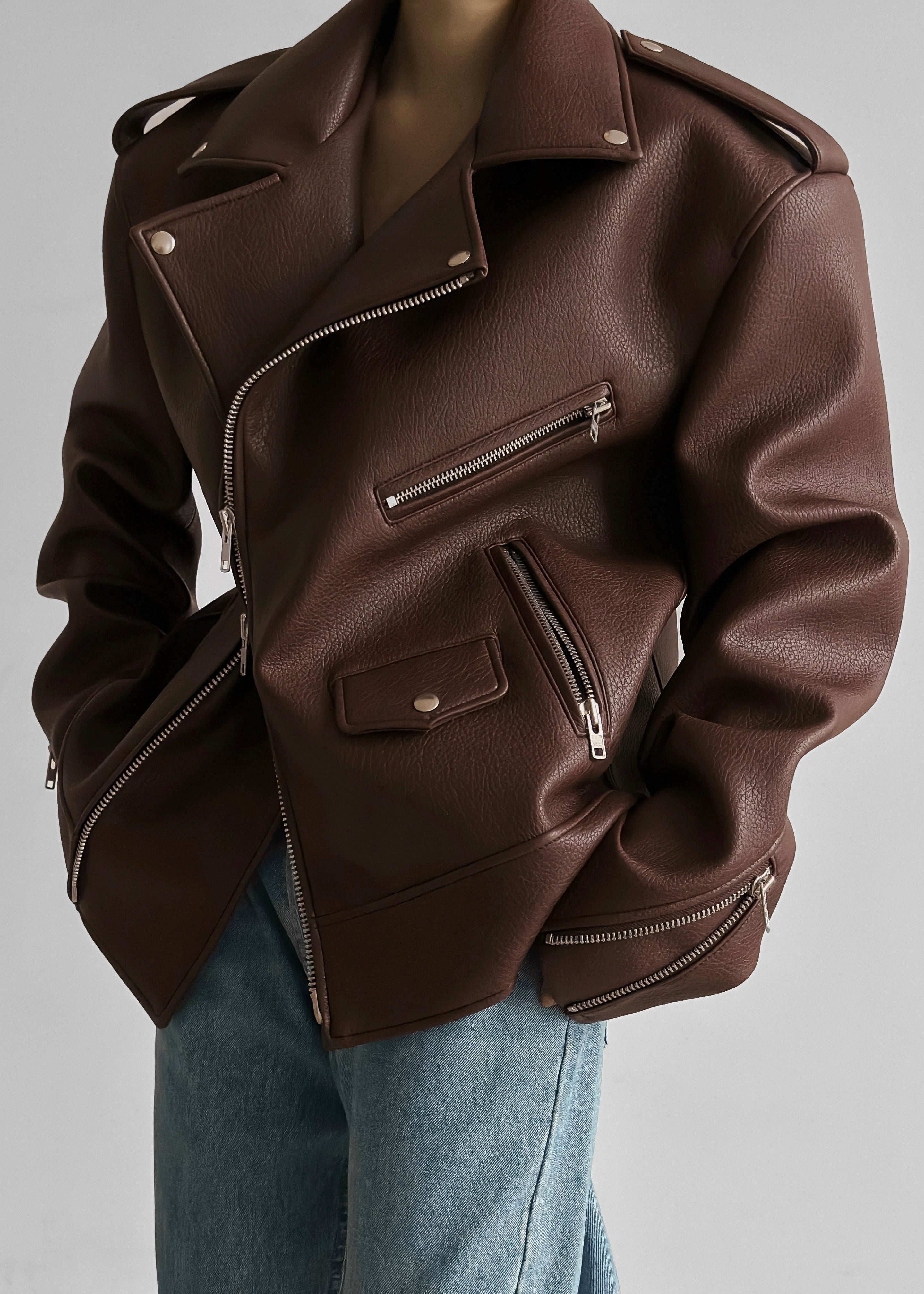 Chicago Oversized Biker Jacket - Brown - 2