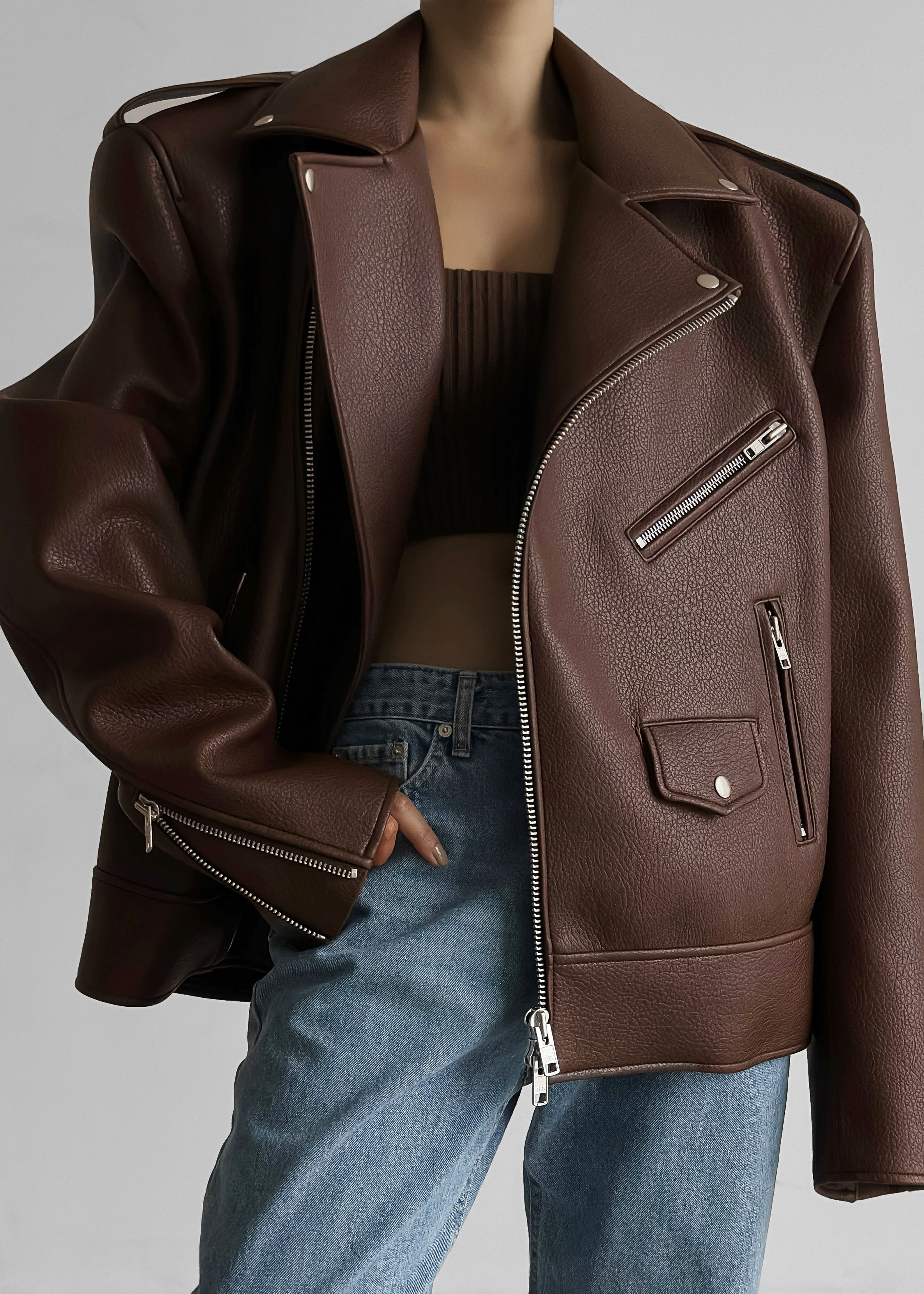 Chicago Oversized Biker Jacket - Brown - 8