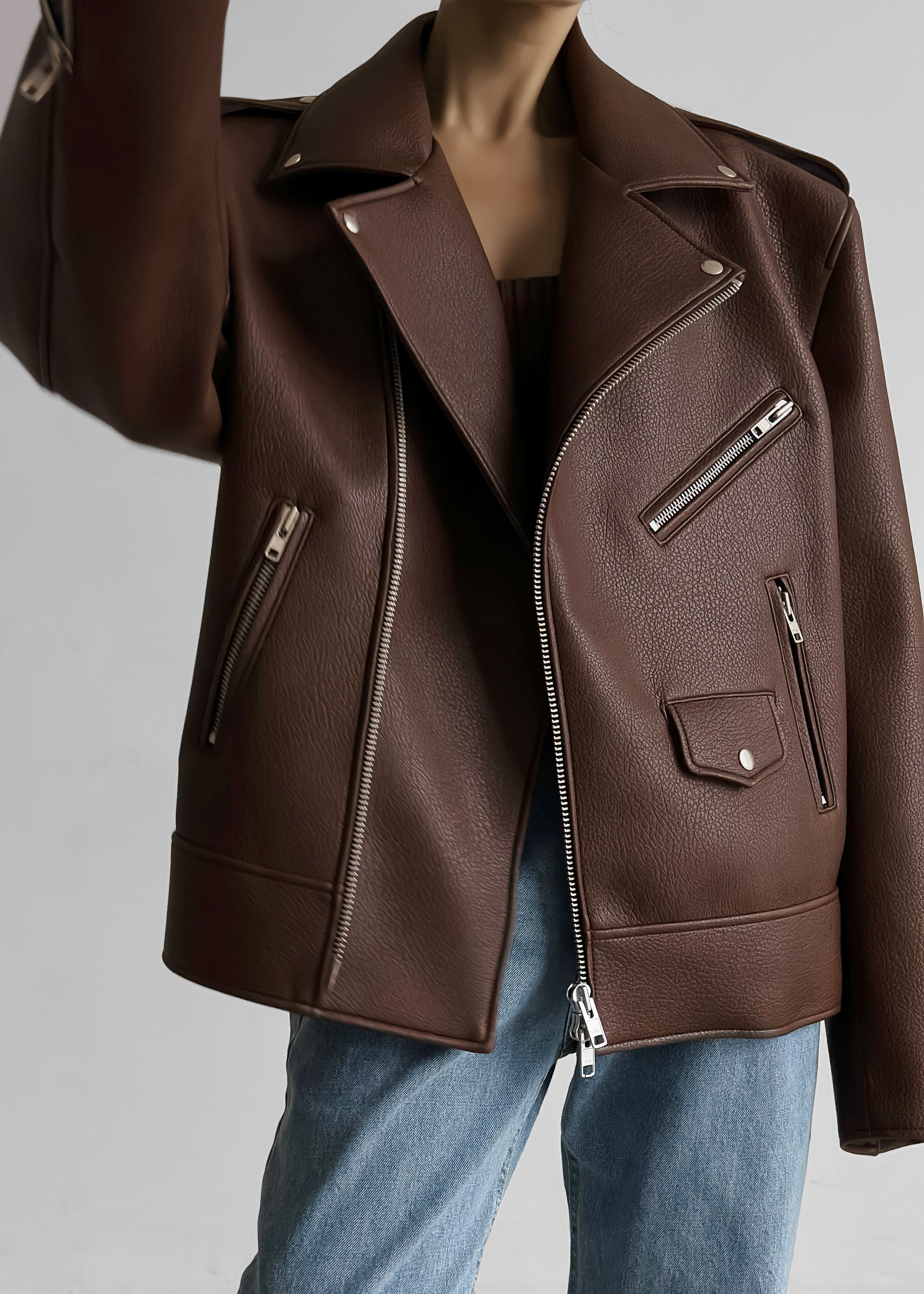 Chicago Oversized Biker Jacket - Brown - 3
