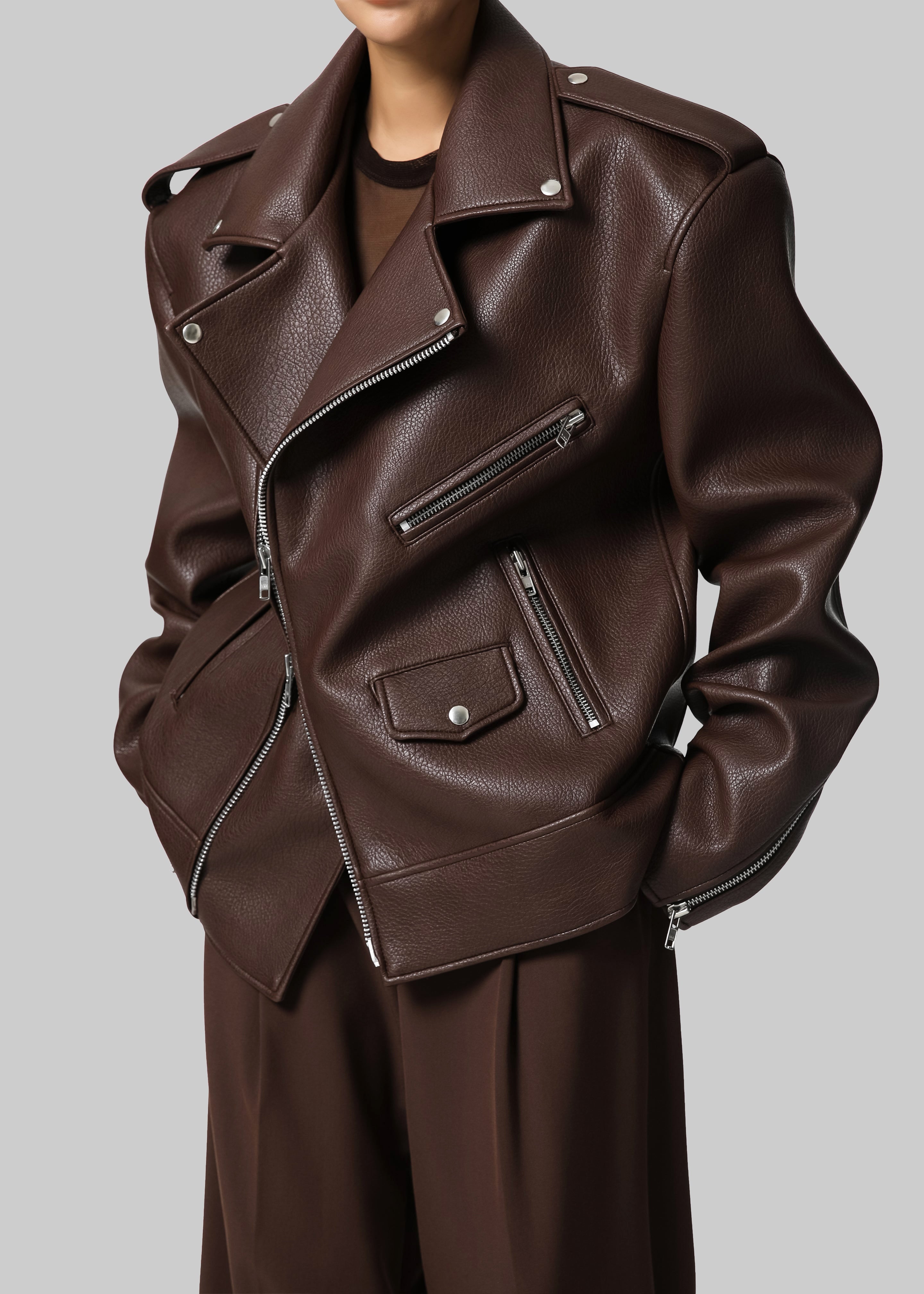 Chicago Oversized Biker Jacket - Brown - 9