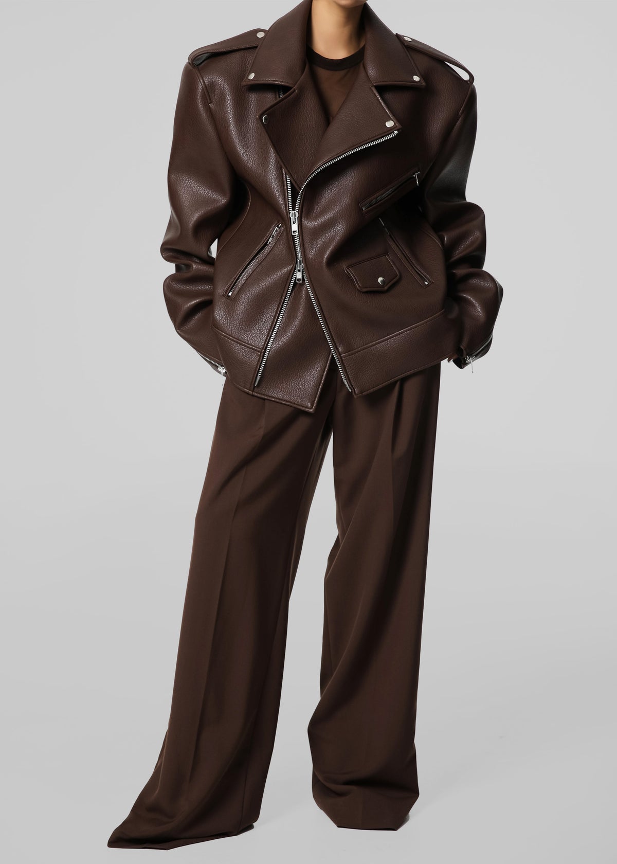 Chicago Oversized Biker Jacket - Brown - 7
