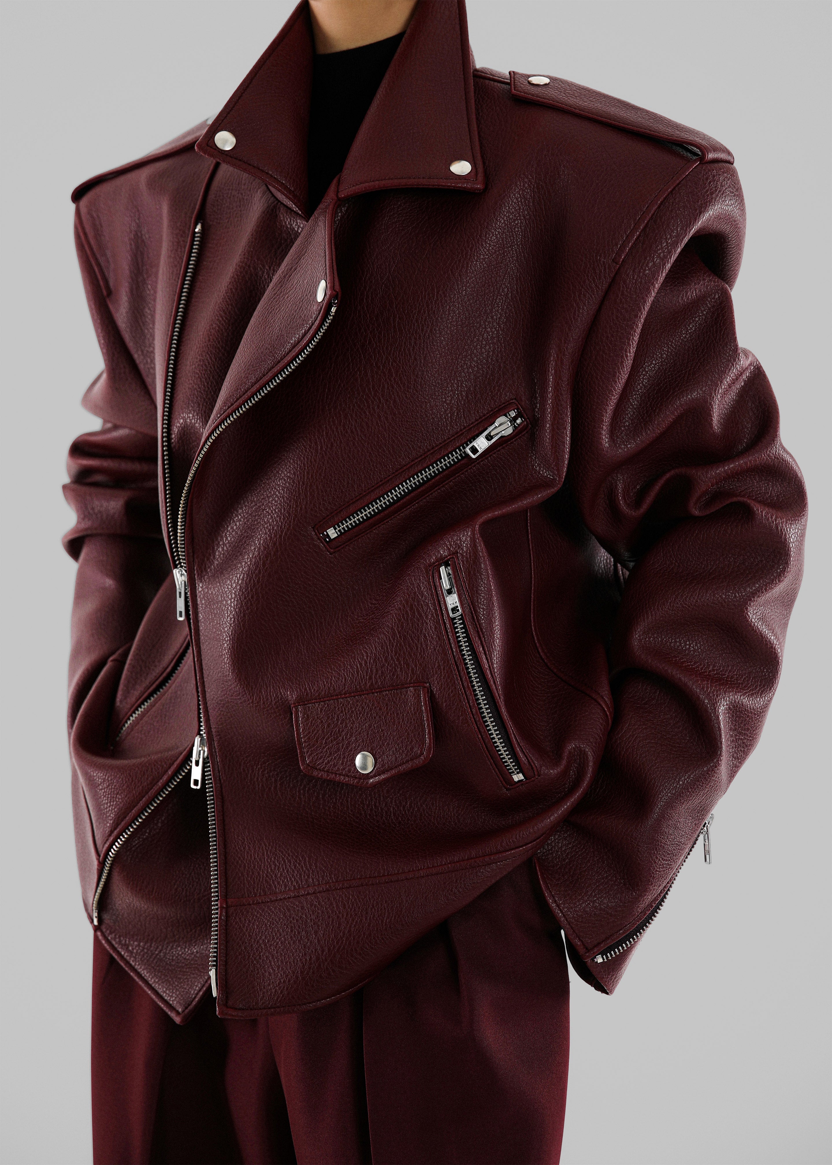 Chicago Oversized Biker Jacket - Burgundy - 4