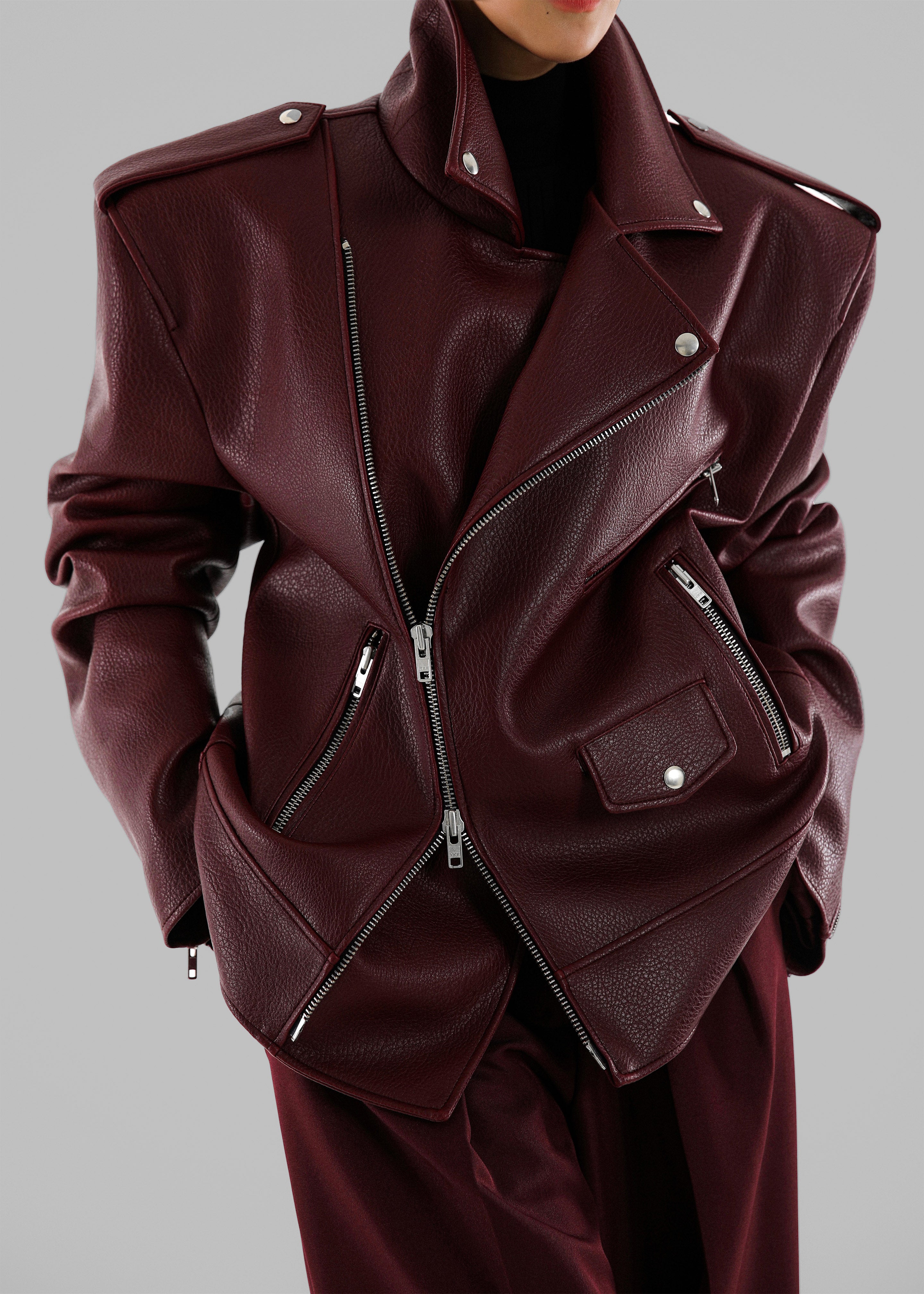 Chicago Oversized Biker Jacket - Burgundy - 9