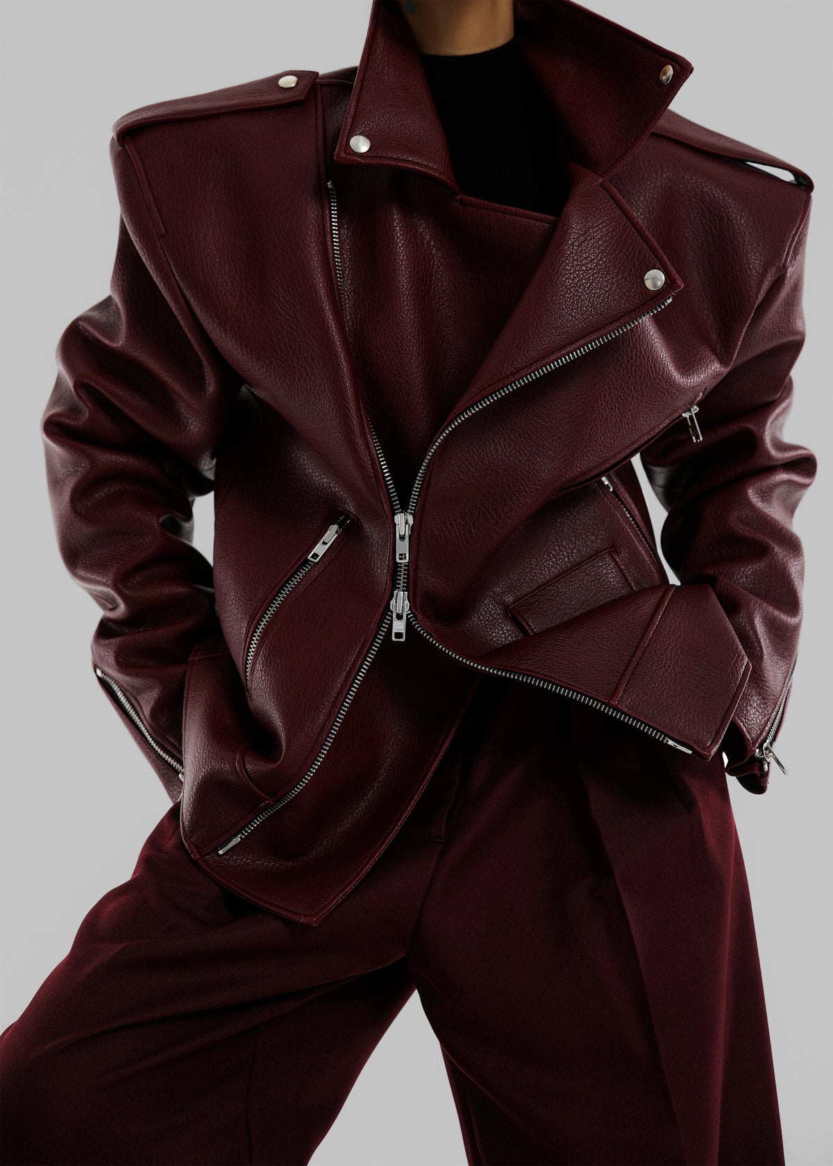 Chicago Oversized Biker Jacket - Burgundy - 1