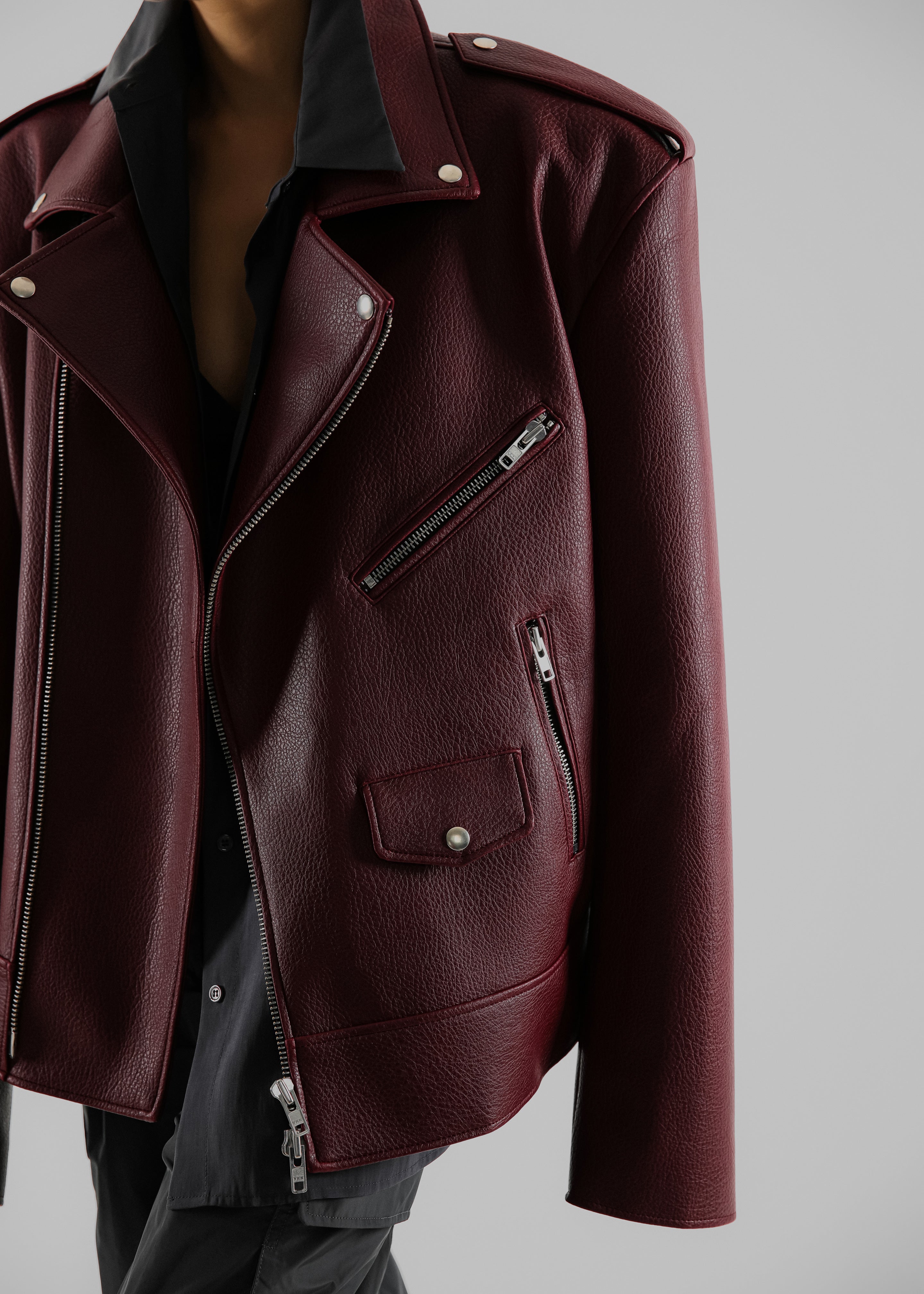 Chicago Oversized Biker Jacket - Burgundy - 2