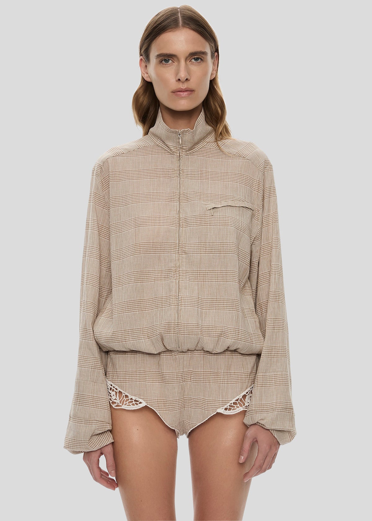 Christopher Esber Batiste Embroidered Handkerchief One Piece - Sepia Check - 1