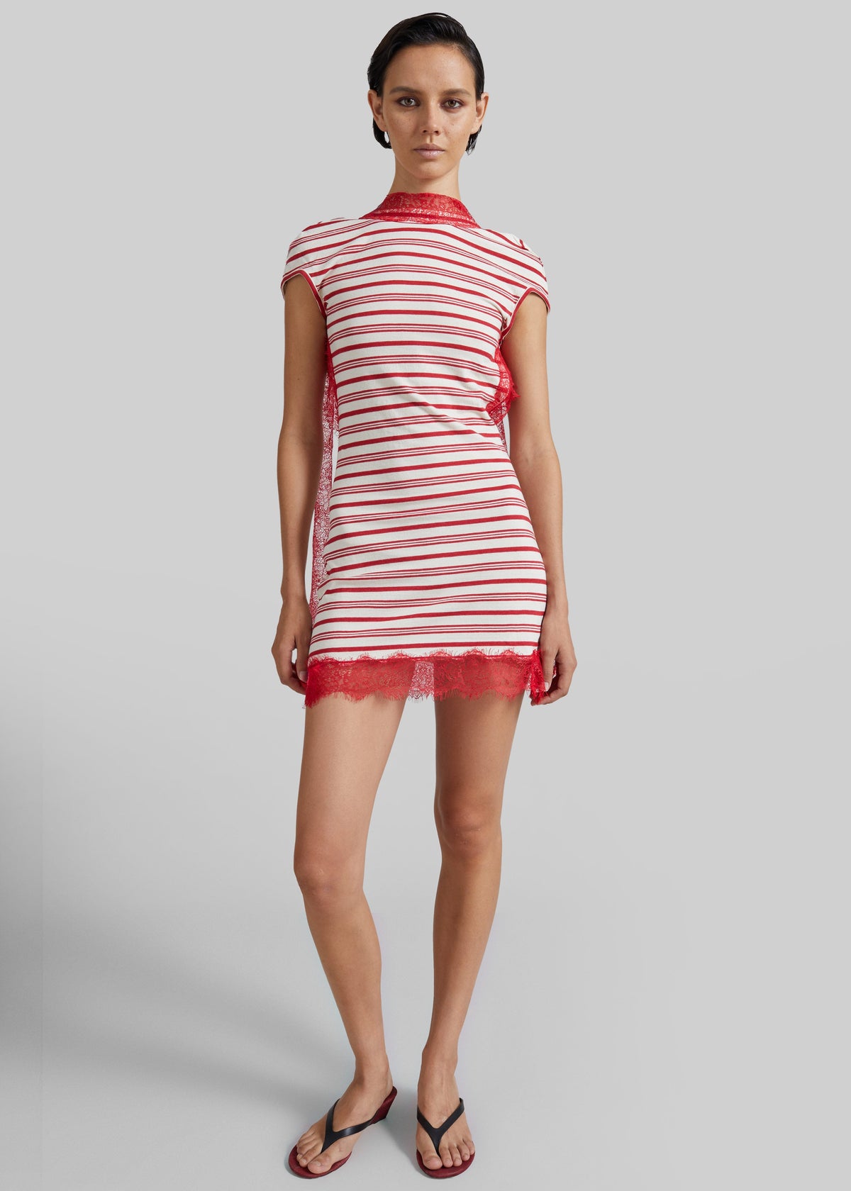 Christopher Esber Stripe Jersey Lace Trimmed Tee Dress - Flame/ White - 3