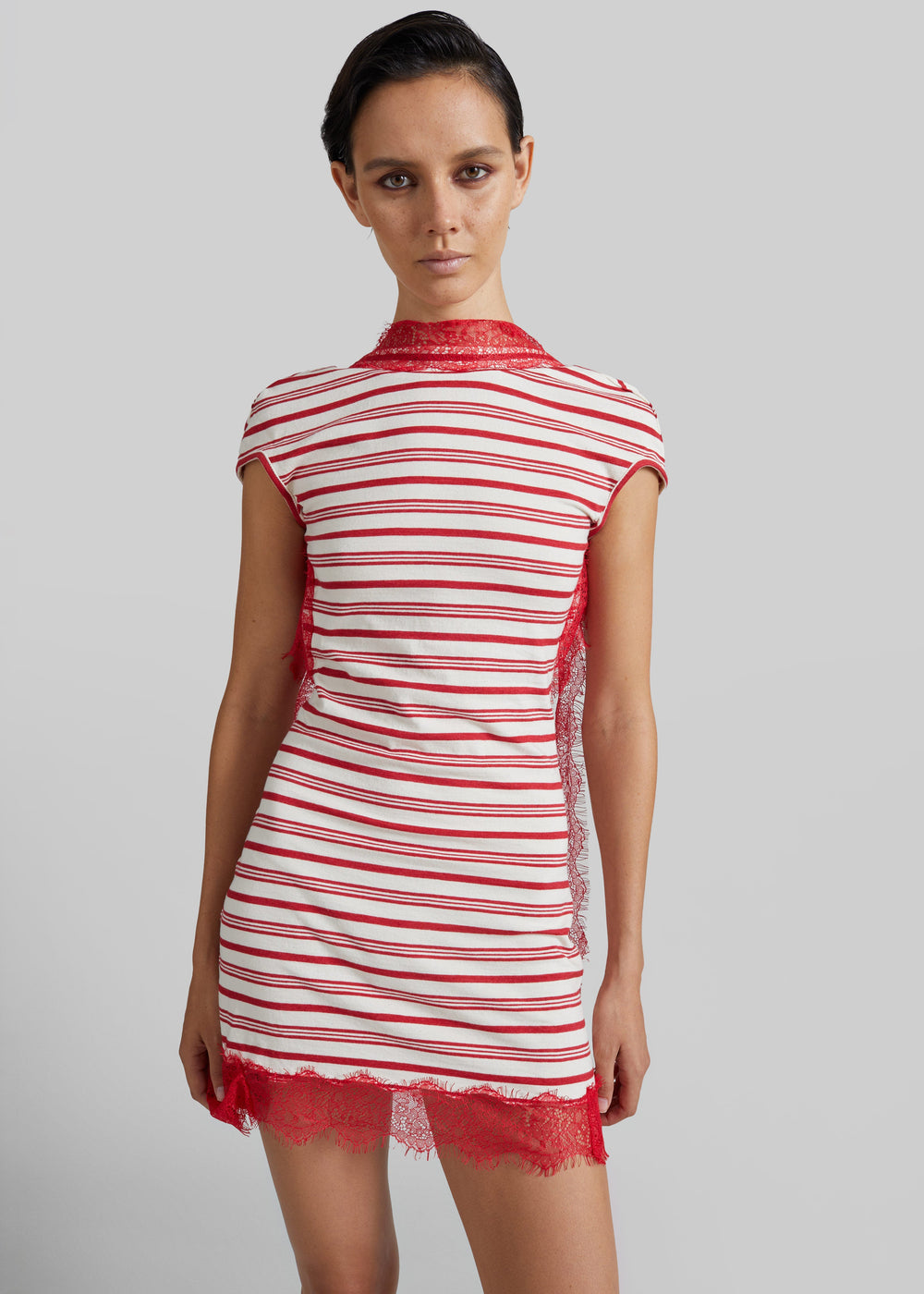 Christopher Esber Stripe Jersey Lace Trimmed Tee Dress - Flame/White - 1