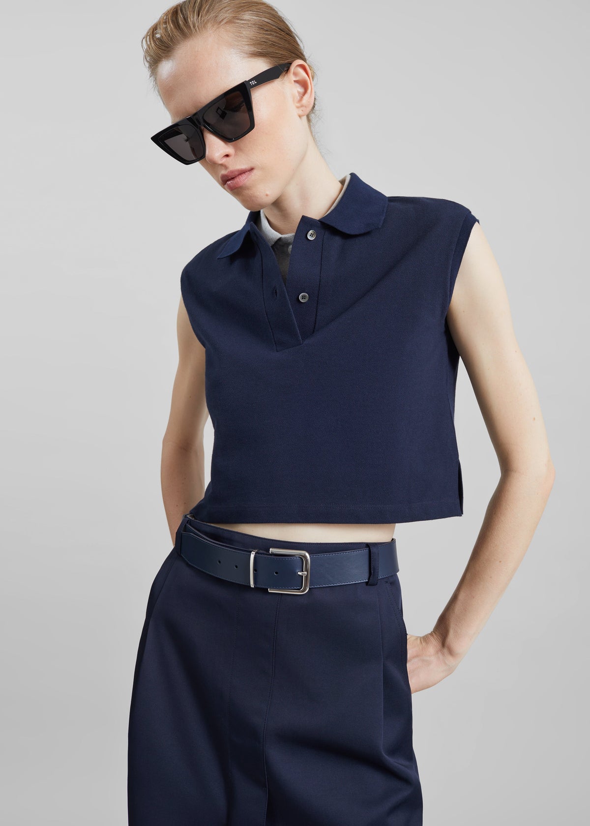 Claira Cropped Sleeveless Polo Top - Dark Navy - 1