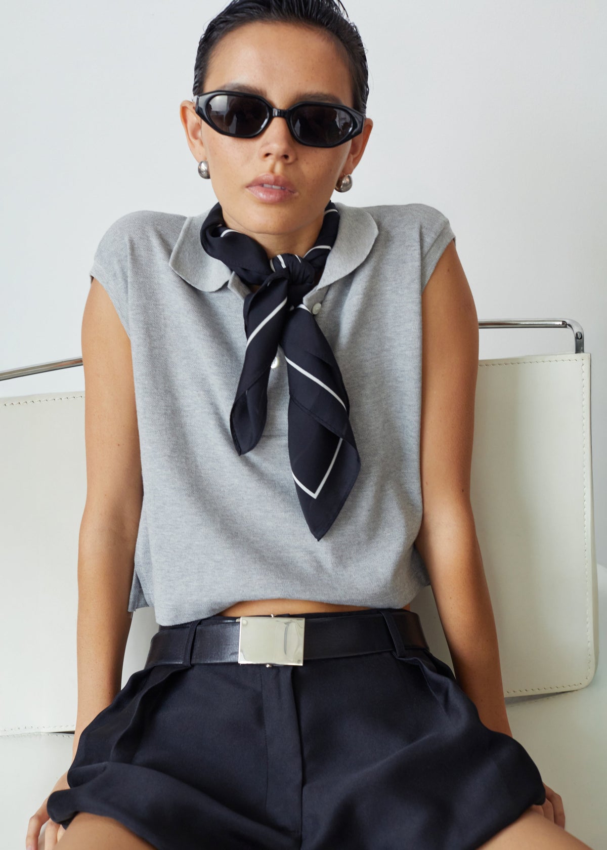 Claira Cropped Sleeveless Polo Top - Light Grey - 1
