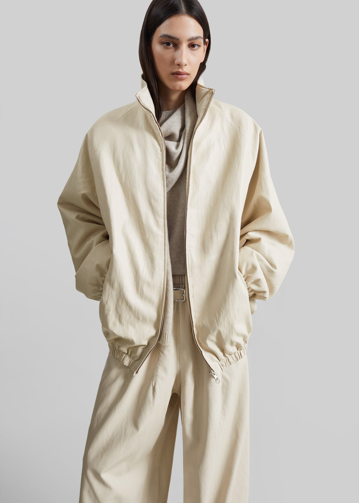 Cloud Faux Leather Bomber Jacket - Ecru