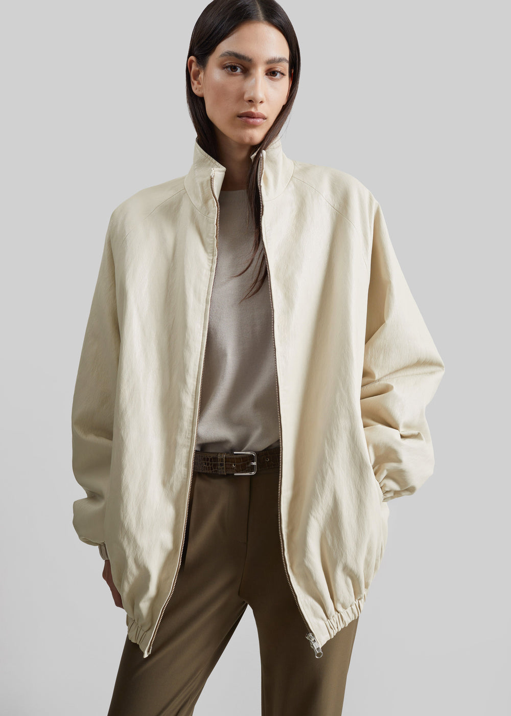 Cloud Faux Leather Bomber Jacket - Ecru - 1