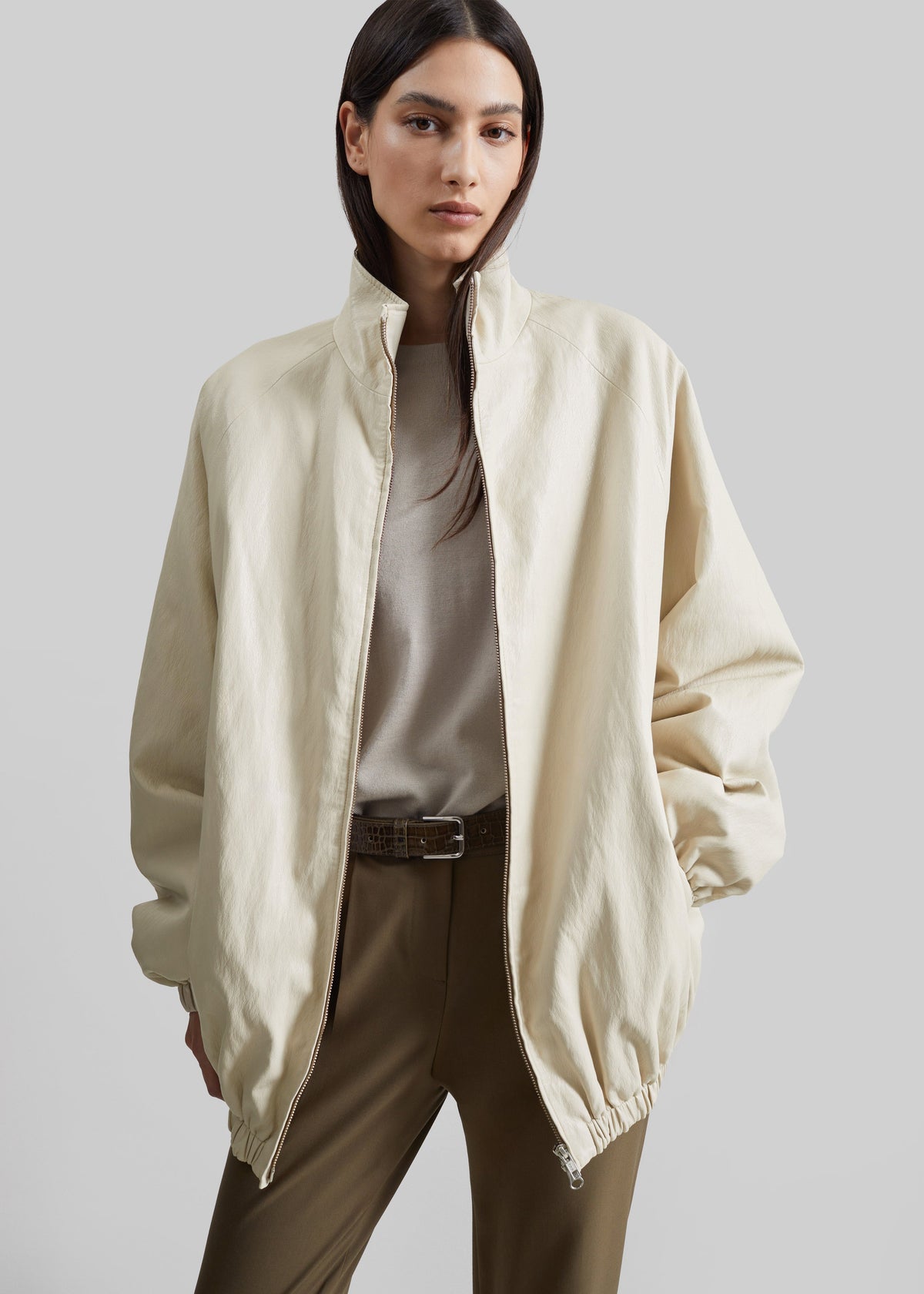 Cloud Faux Leather Bomber Jacket - Ecru