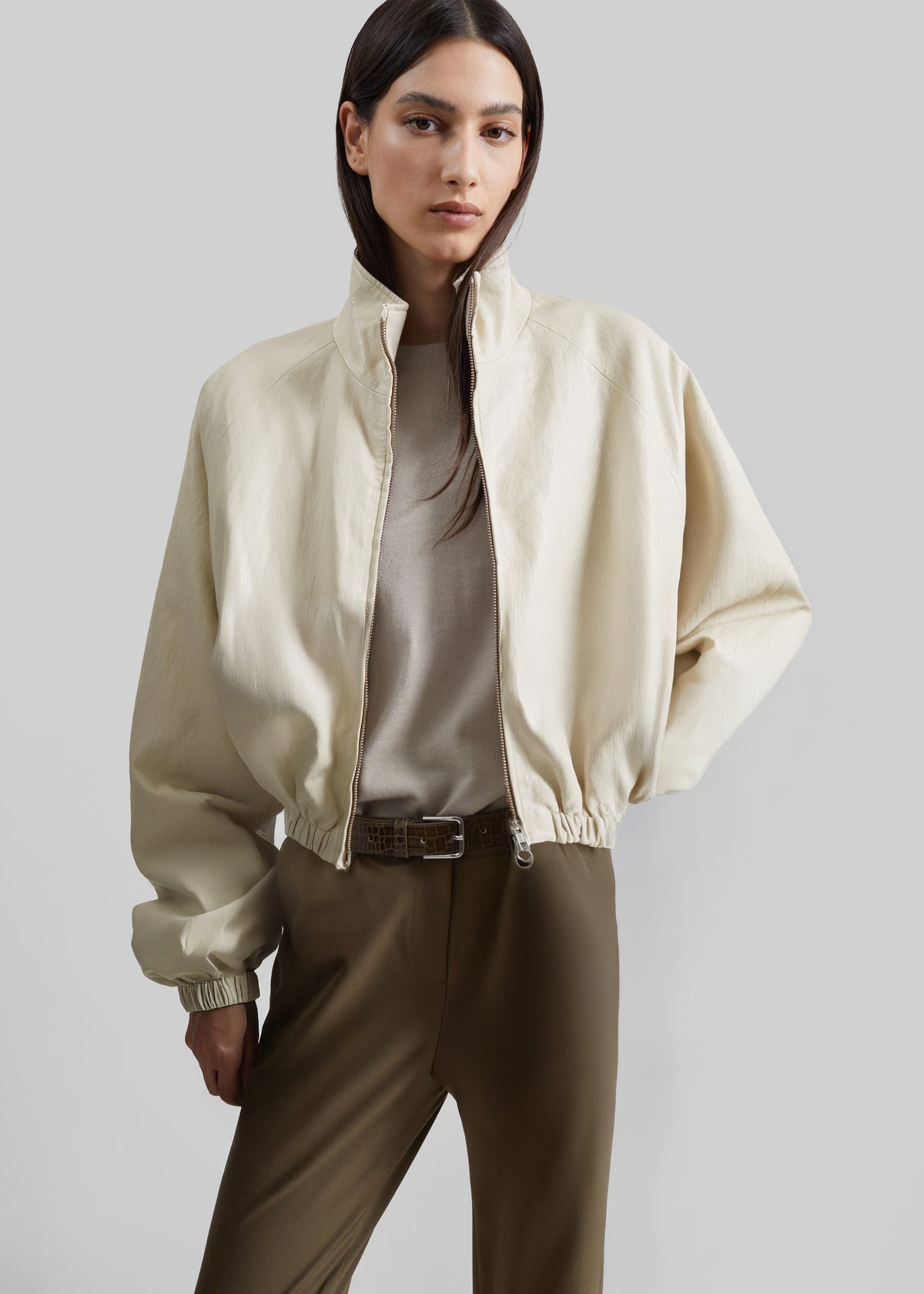 Cloud Faux Leather Bomber Jacket - Ecru