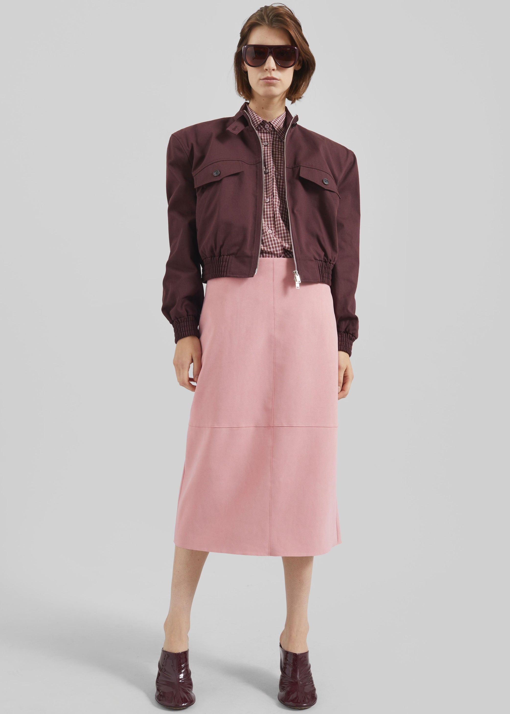 Shop the look image for Cobain Padded Cropped Bomber - Burgundy