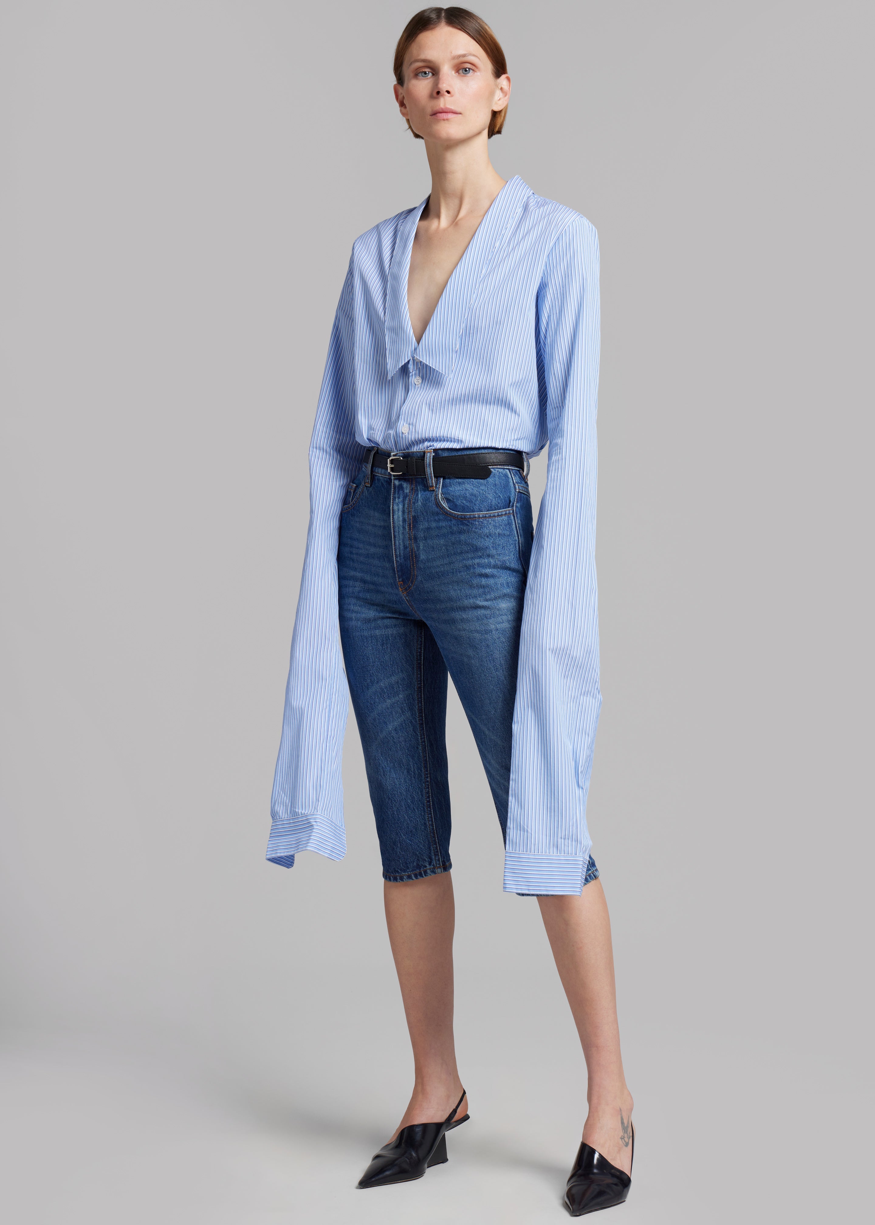 Coperni Stripped Open Collar Shirt - Blue - 5