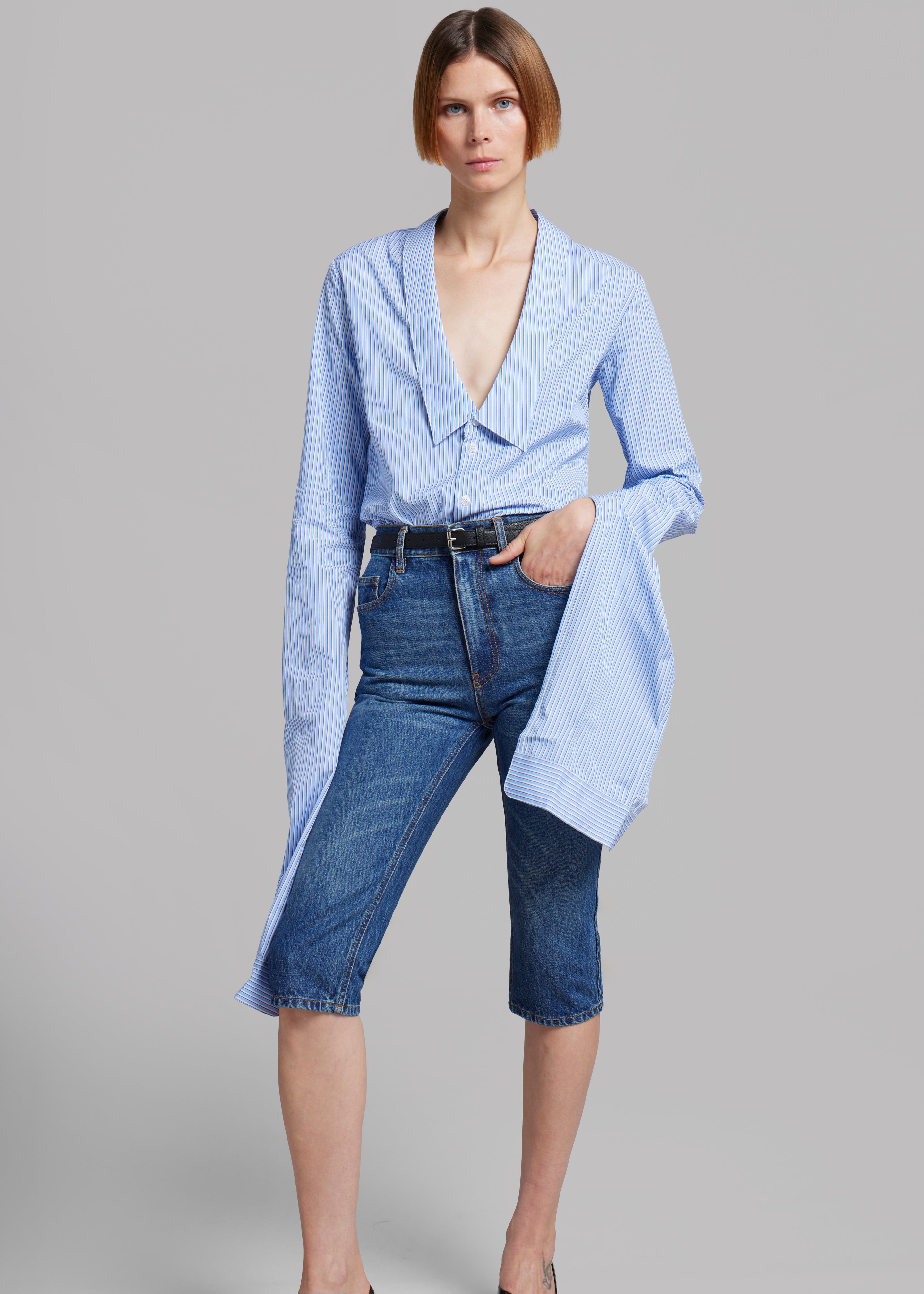 Coperni Stripped Open Collar Shirt - Blue - 1