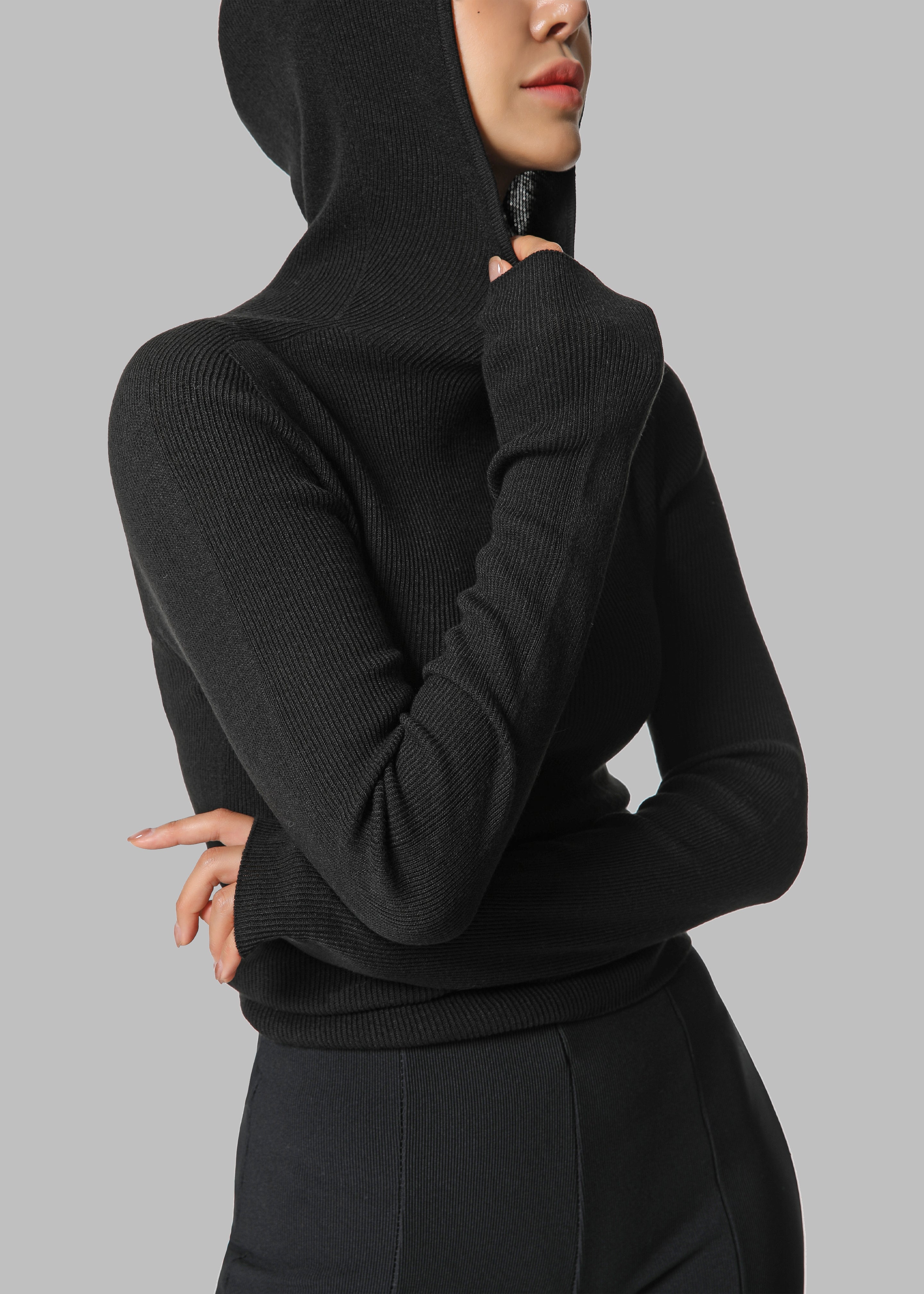 Danae Hooded Knit Top - Black - 1