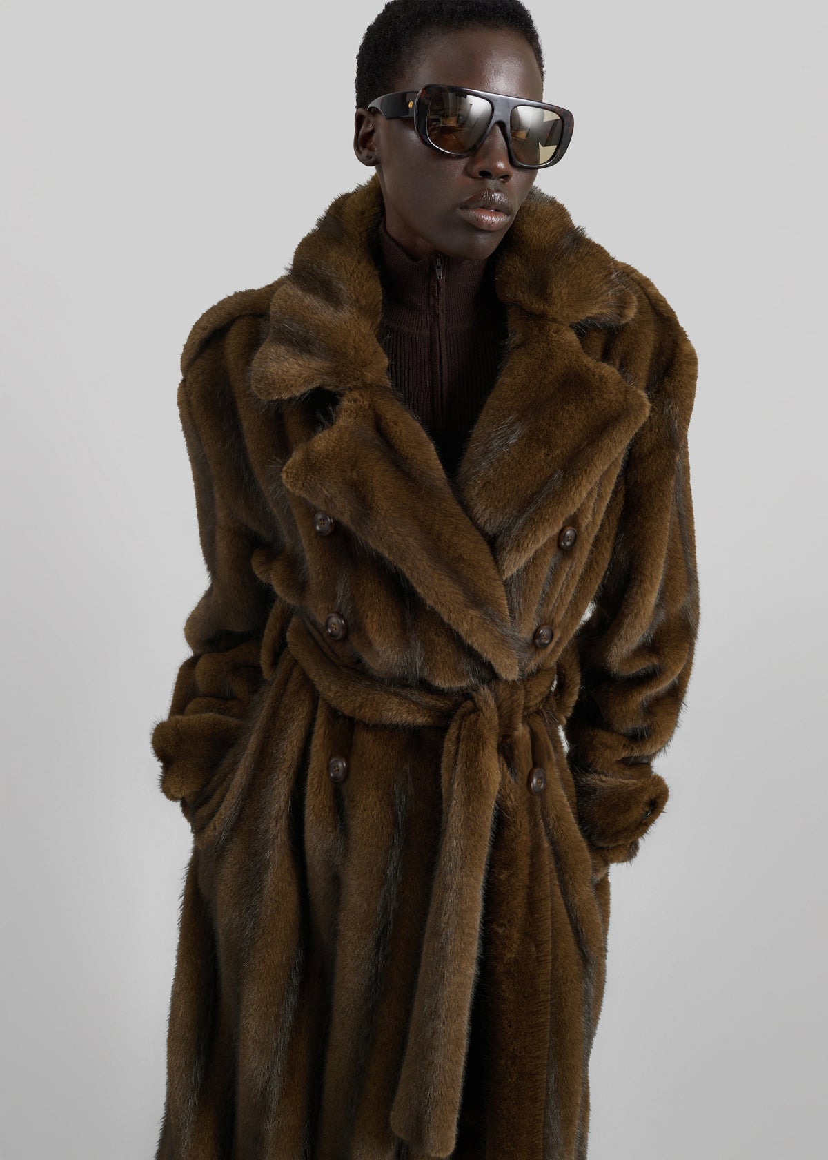 Daph Faux Fur Padded Trench Coat - Brown