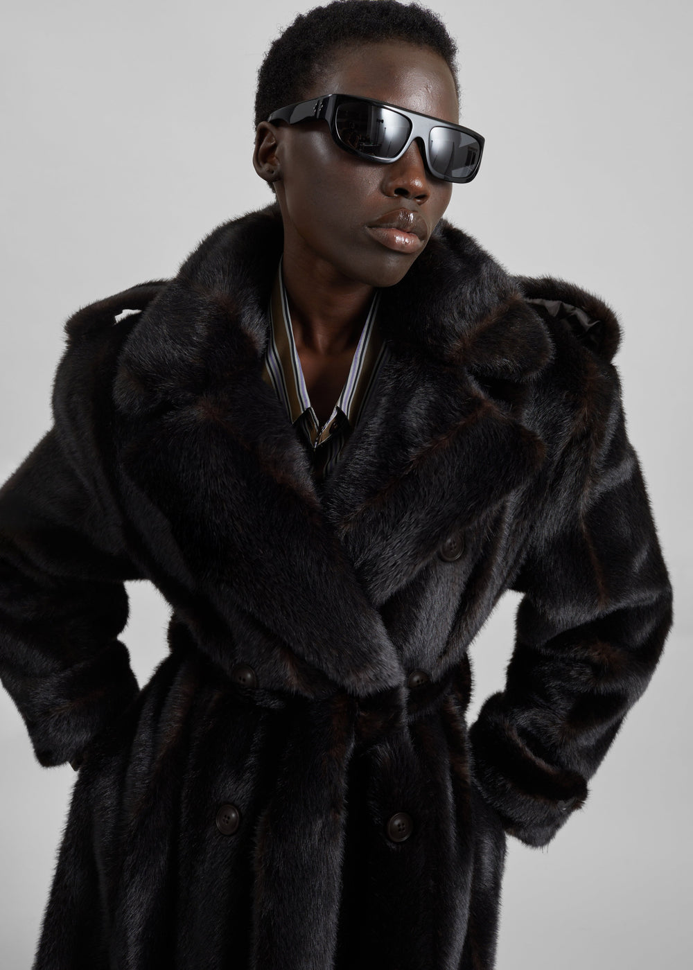 Daph Faux Fur Padded Trench Coat - Dark Brown - 1
