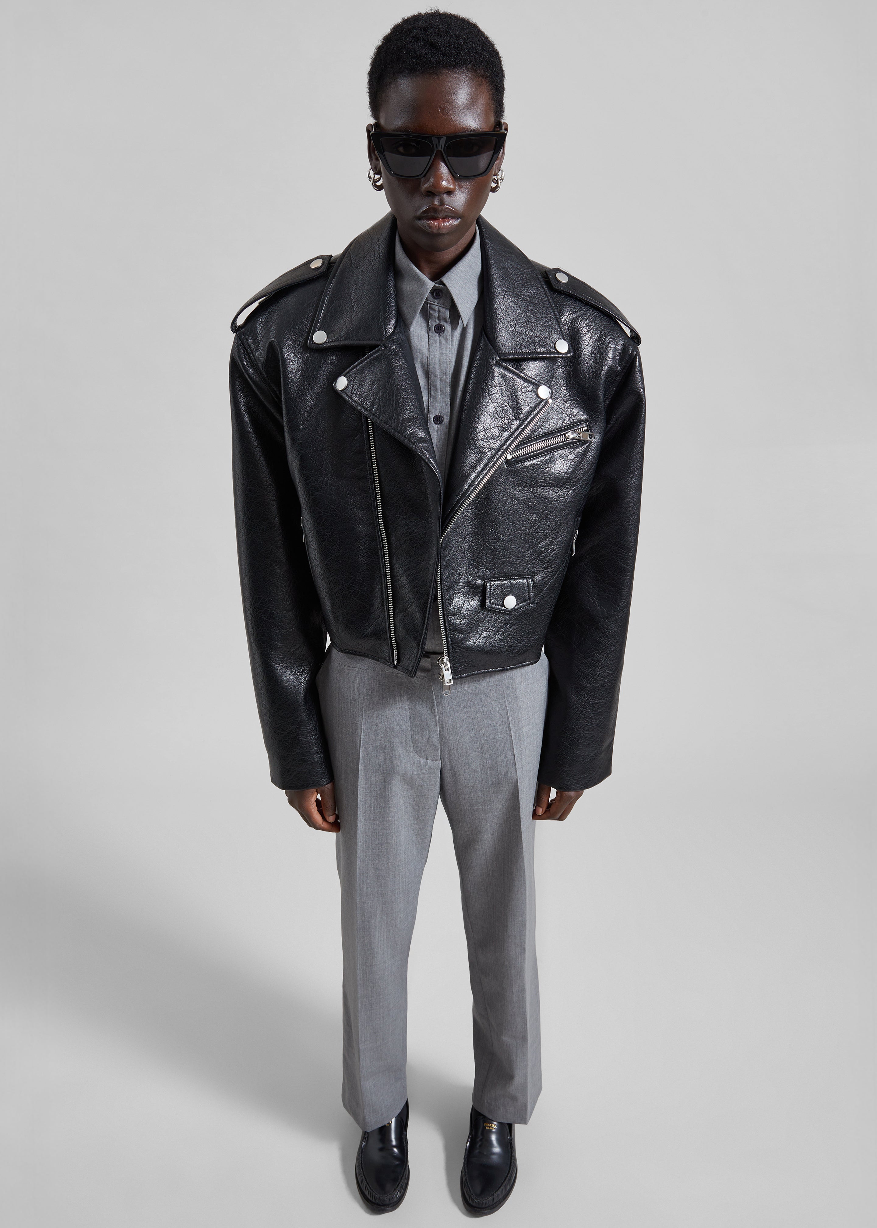 Daphne Cropped Biker Jacket - Black - 1