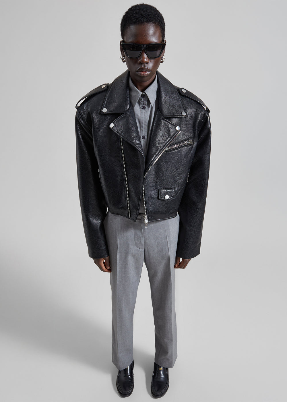 Daphne Cropped Biker Jacket - Black - 1