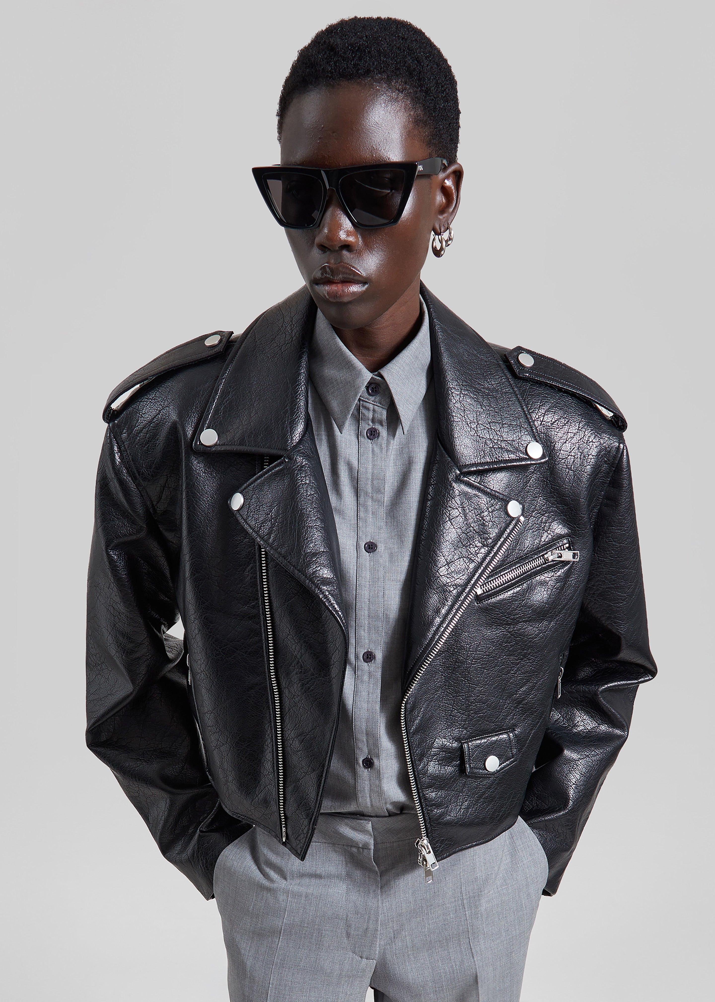 Daphne Cropped Biker Jacket - Black - 5