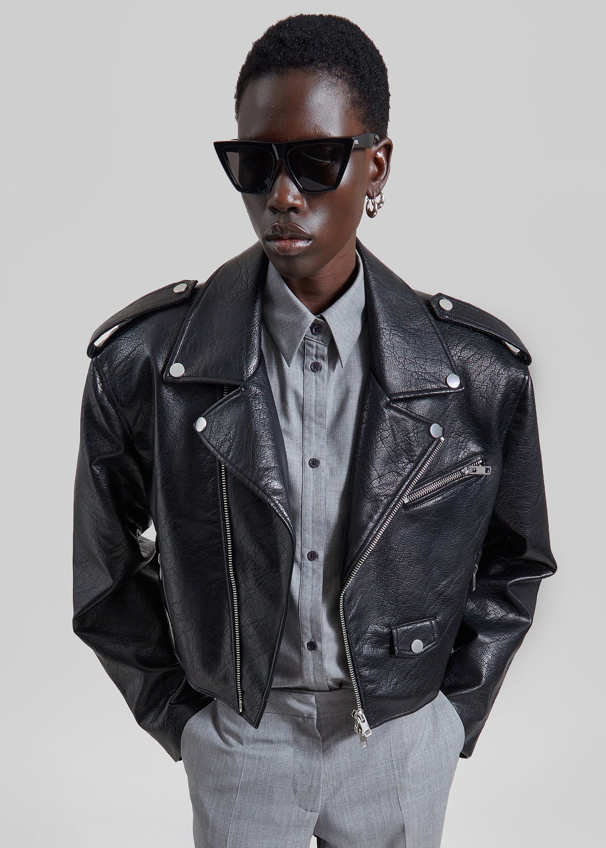 Daphne Cropped Biker Jacket - Black