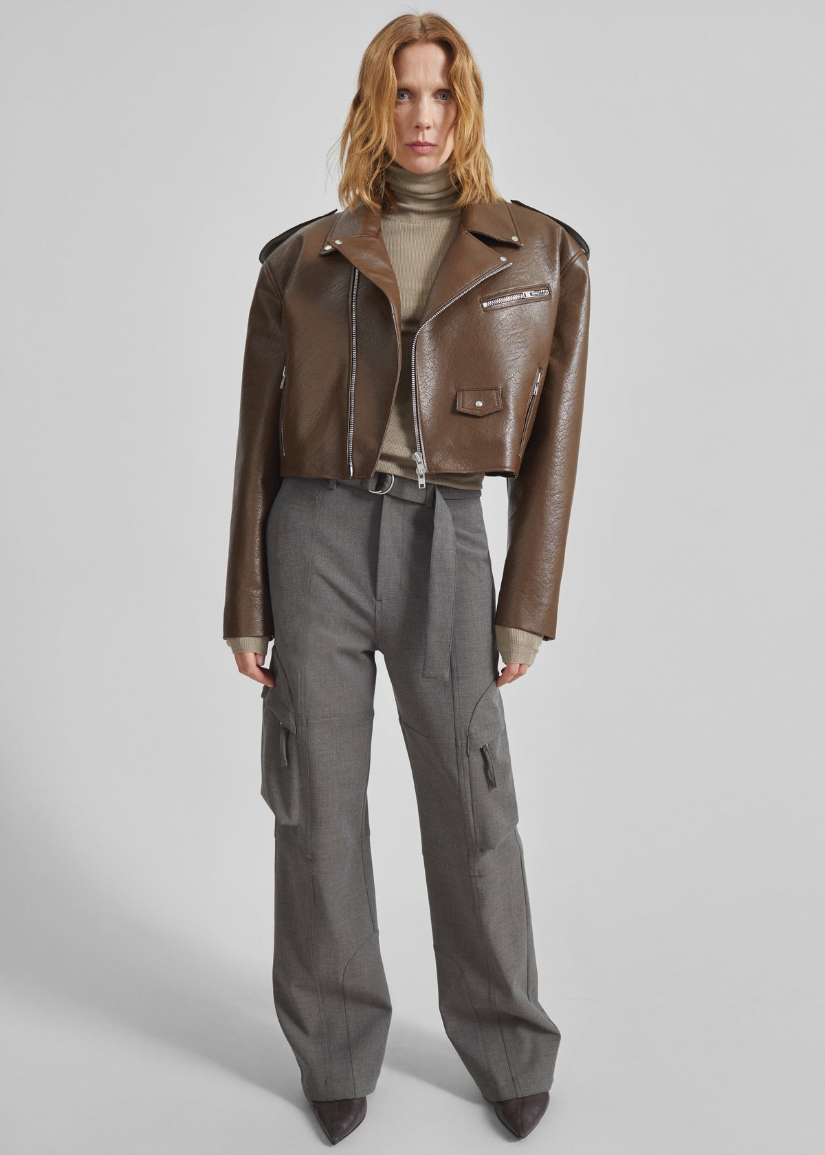 Daphne Cropped Biker Jacket - Brown