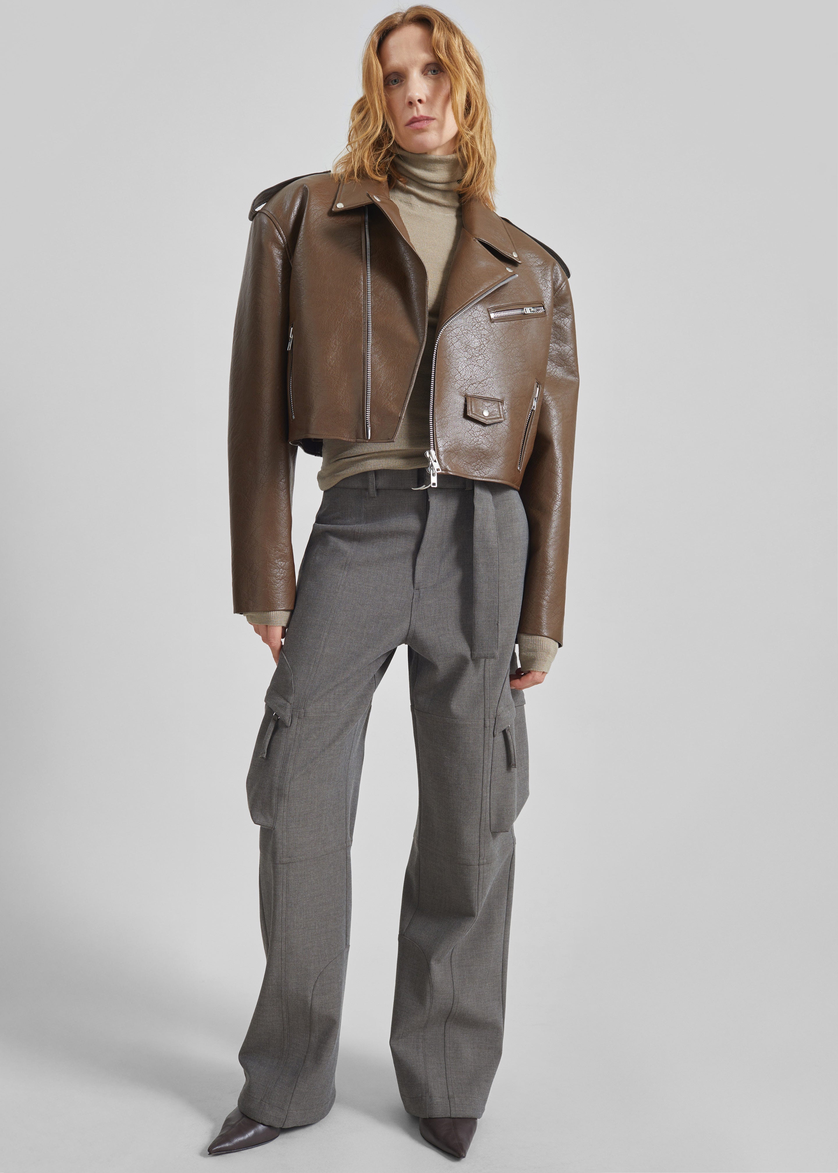Daphne Cropped Biker Jacket - Brown