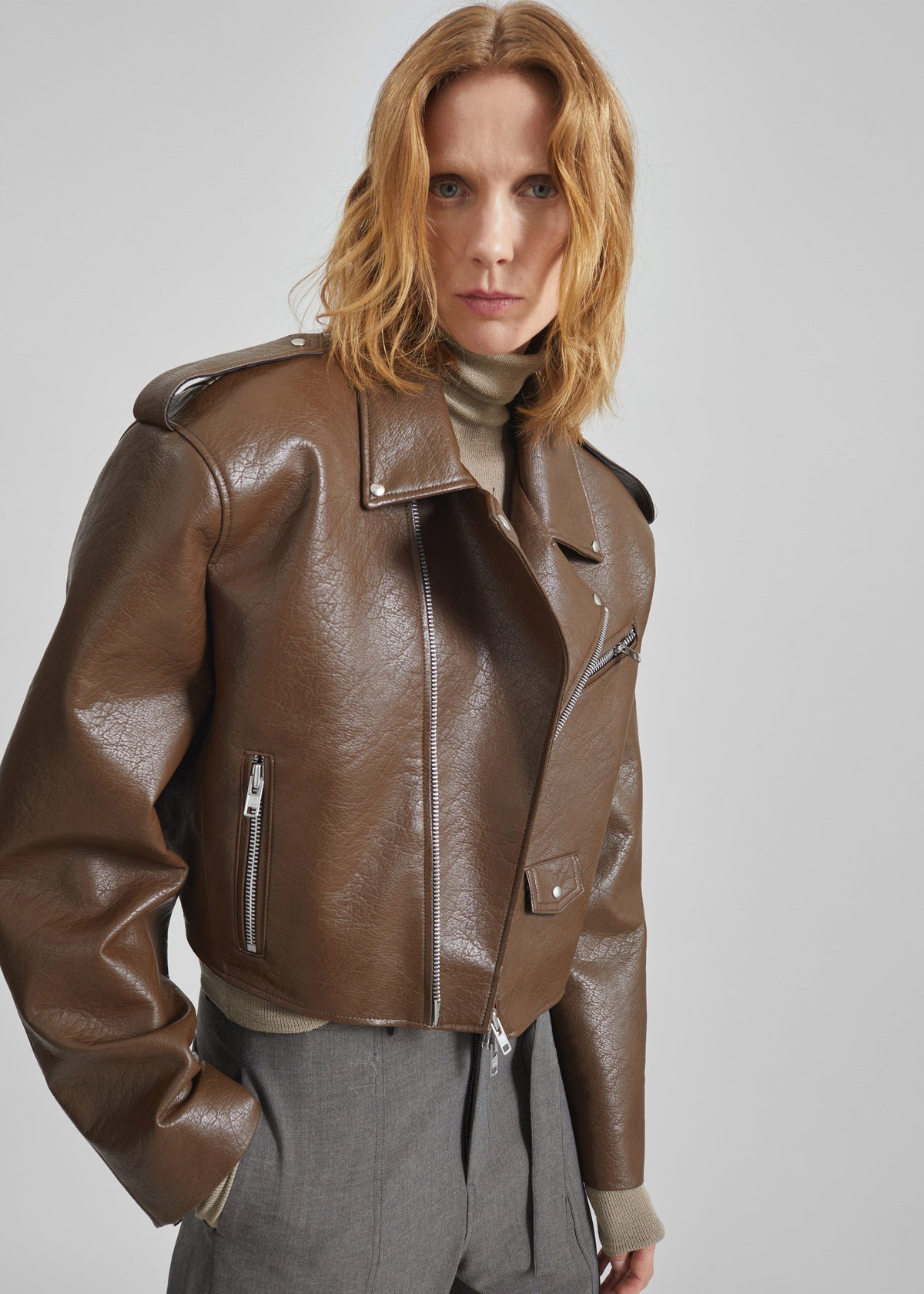 Daphne Cropped Biker Jacket - Brown