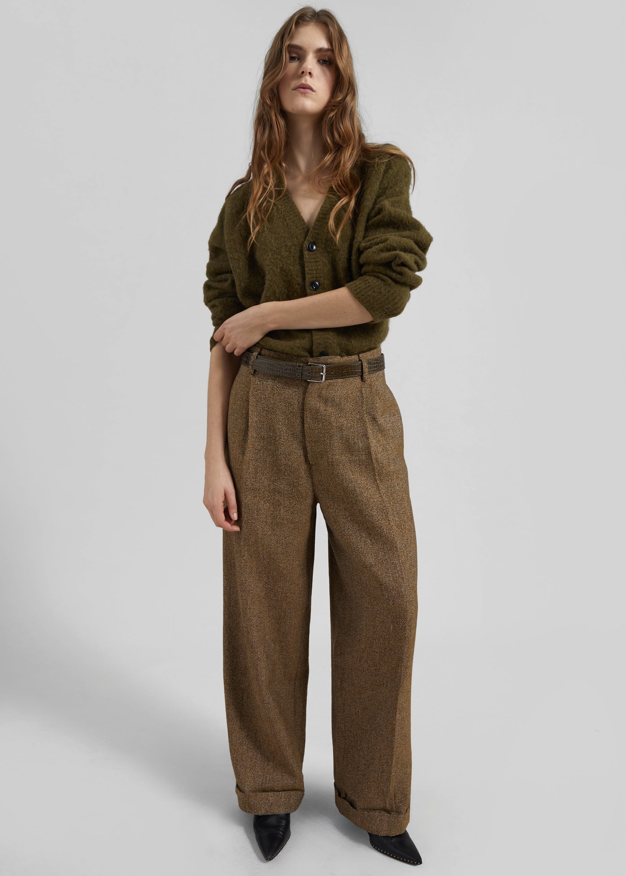 Shop the look image for Darkpark Danielle Wide-Leg Wool Melange Trousers - Mustard