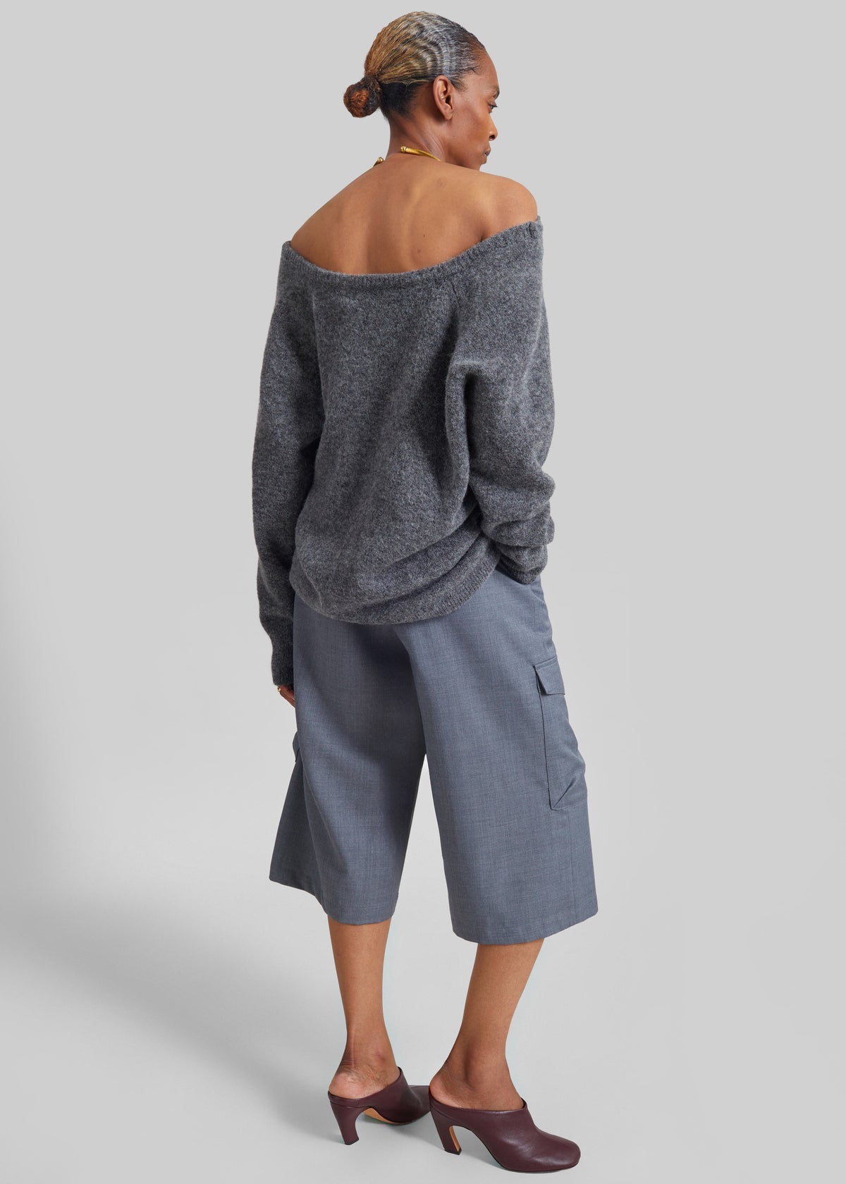Darkpark Erin Knit Necklace Off-Shoulder Top - Grey