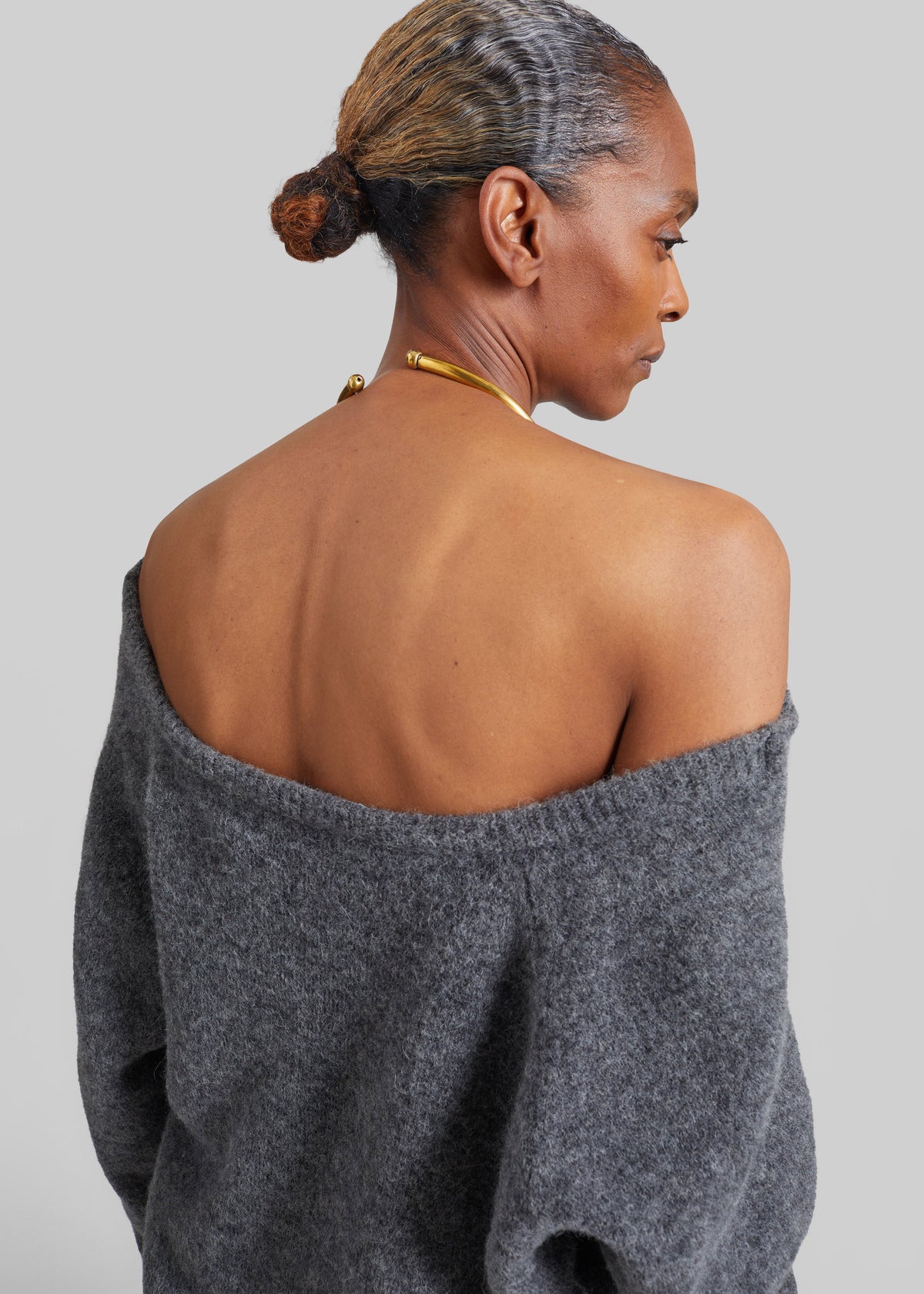 Darkpark Erin Knit Necklace Off-Shoulder Top - Grey