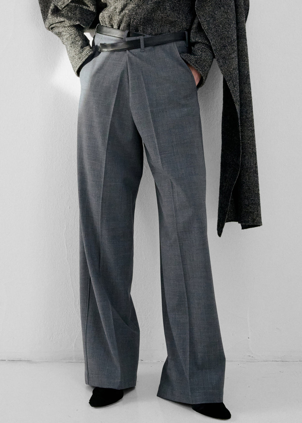 Darkpark pantalon Gaia large en laine avec ceinture en cuir - Gris - 1