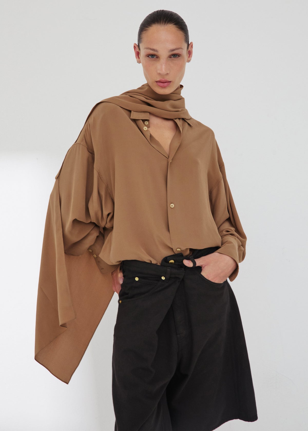 Darkpark Georgia Detachable Scarf Silk Shirt - Tobacco - 1