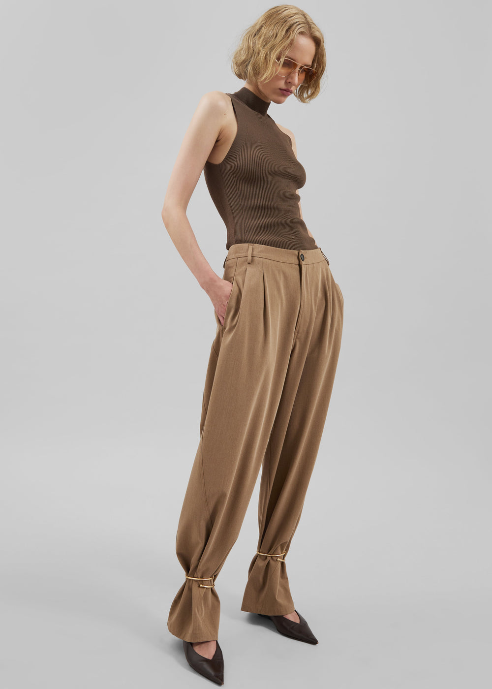 Darkpark Phebe Cuff Adorned Wide-Leg Wool Pants - Beige - 1