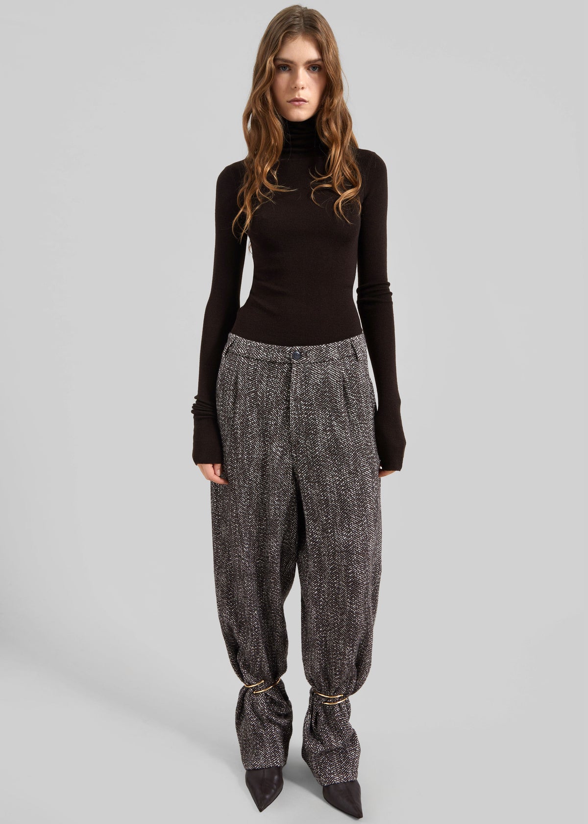 Darkpark Phebe Cuff Adorned Wide-Leg Herringbone Wool Pants - Brown/Black/White - 4