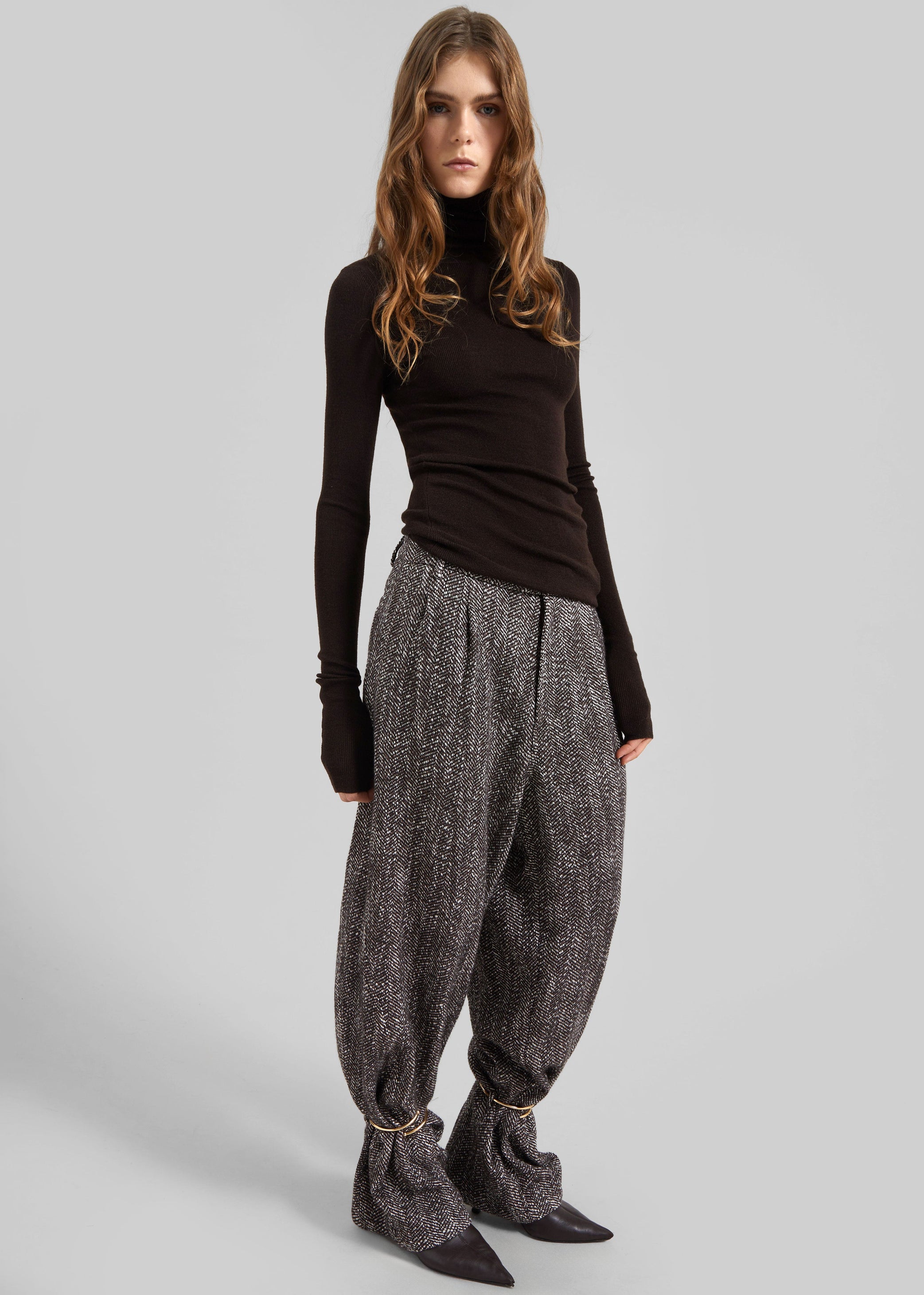 Shop the look image for Darkpark Phebe Cuff Adorned Wide-Leg Herringbone Wool Pants - Brown/Black/White