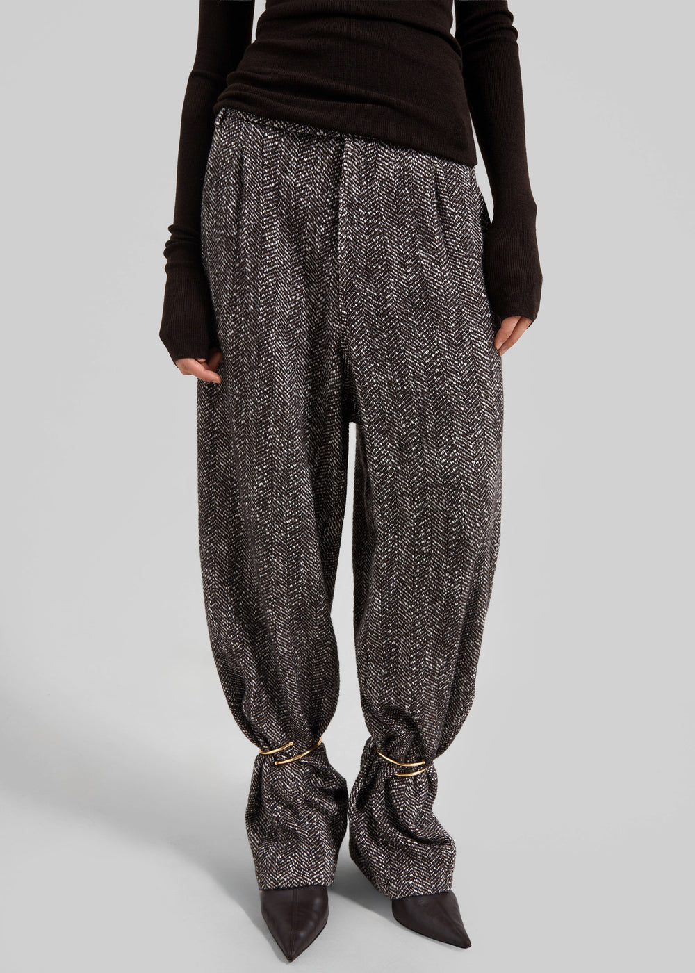Darkpark Phebe Cuff Adorned Wide-Leg Herringbone Wool Pants - Brown/Black/White - 1