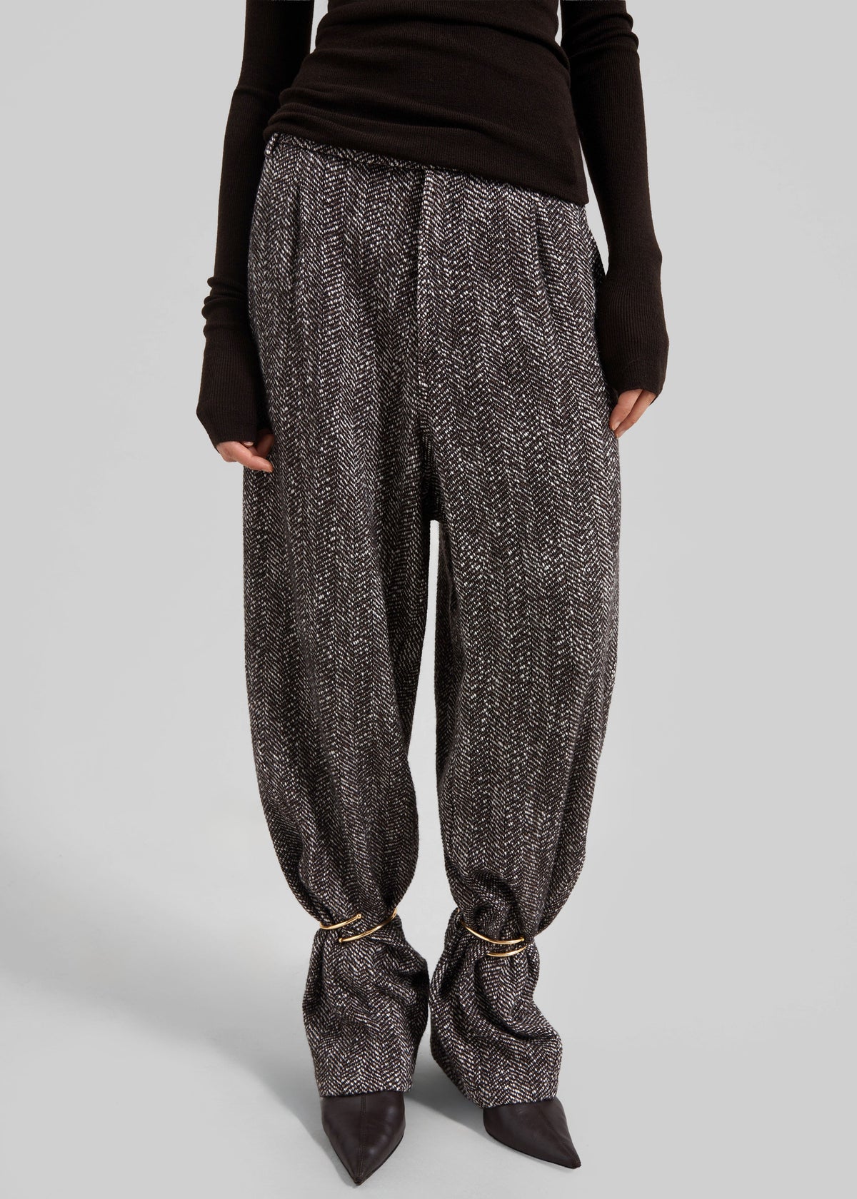 Darkpark Phebe Cuff Adorned Wide-Leg Herringbone Wool Pants - Brown/Black/White - 2