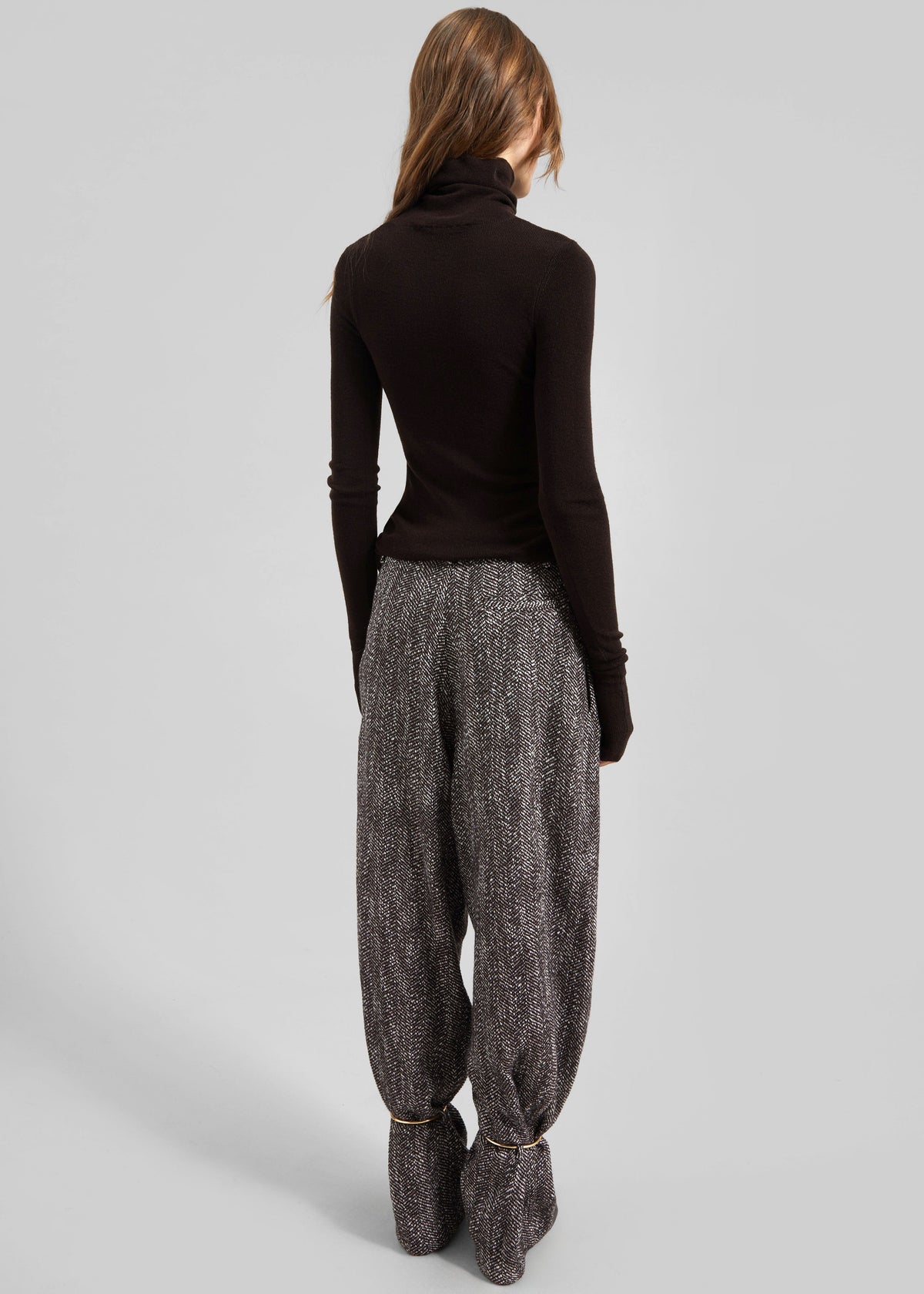 Darkpark Phebe Cuff Adorned Wide-Leg Herringbone Wool Pants - Brown/Black/White - 5