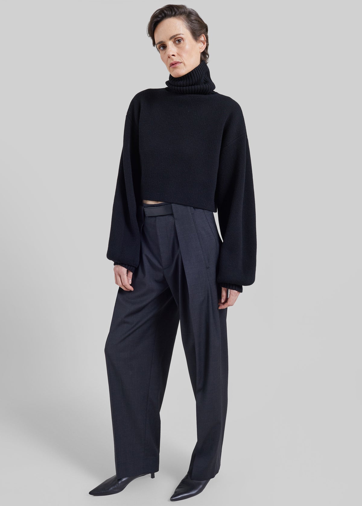 Darkpark Ronda Leather Belt Wool Trousers - Dark Grey