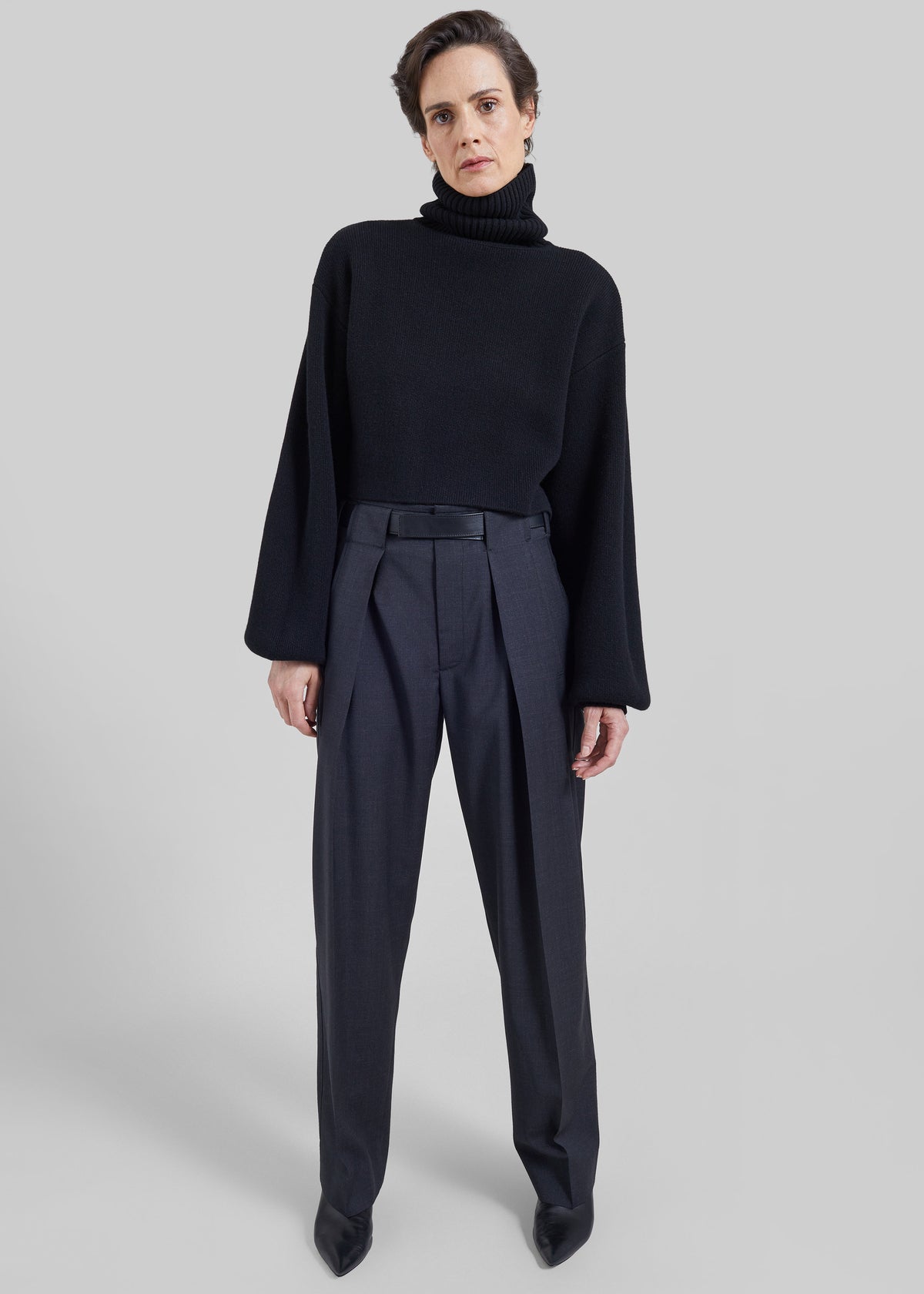 Darkpark Ronda Leather Belt Wool Trousers - Dark Grey